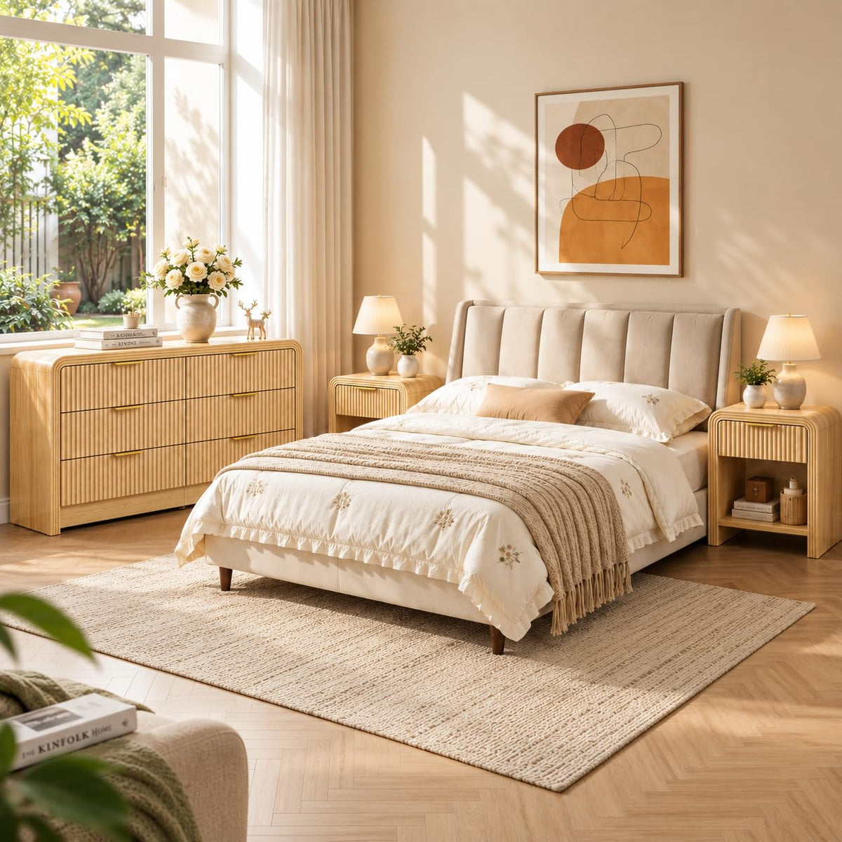 Decofy 3-Piece Bedroom Set, 6-Drawer Dresser & 1-Drawer Nightstands Oak
