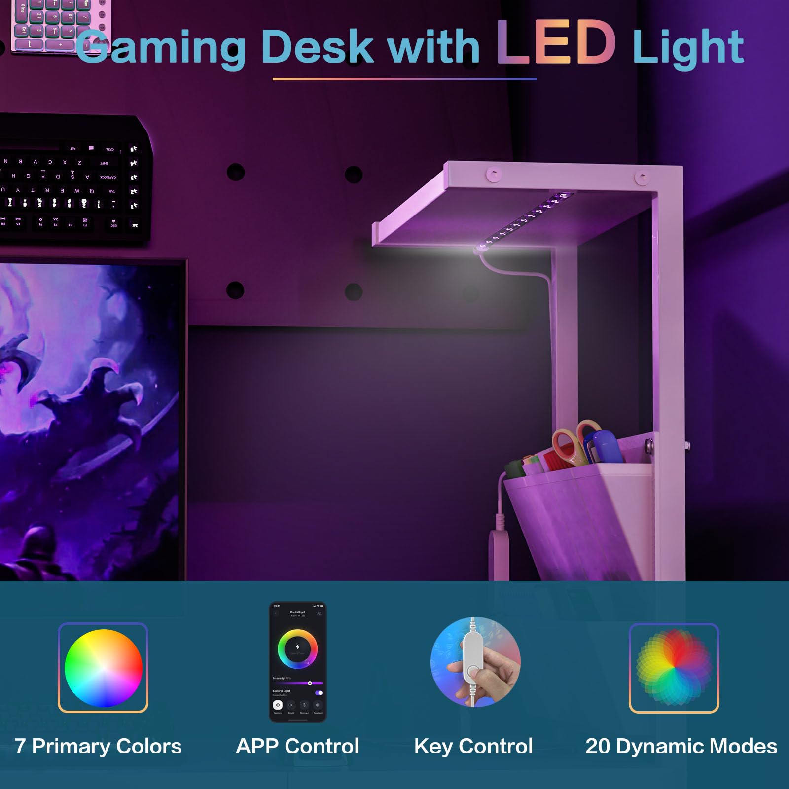 L-Shaped Gaming & Office Desk with LED Lights & Power Strip
