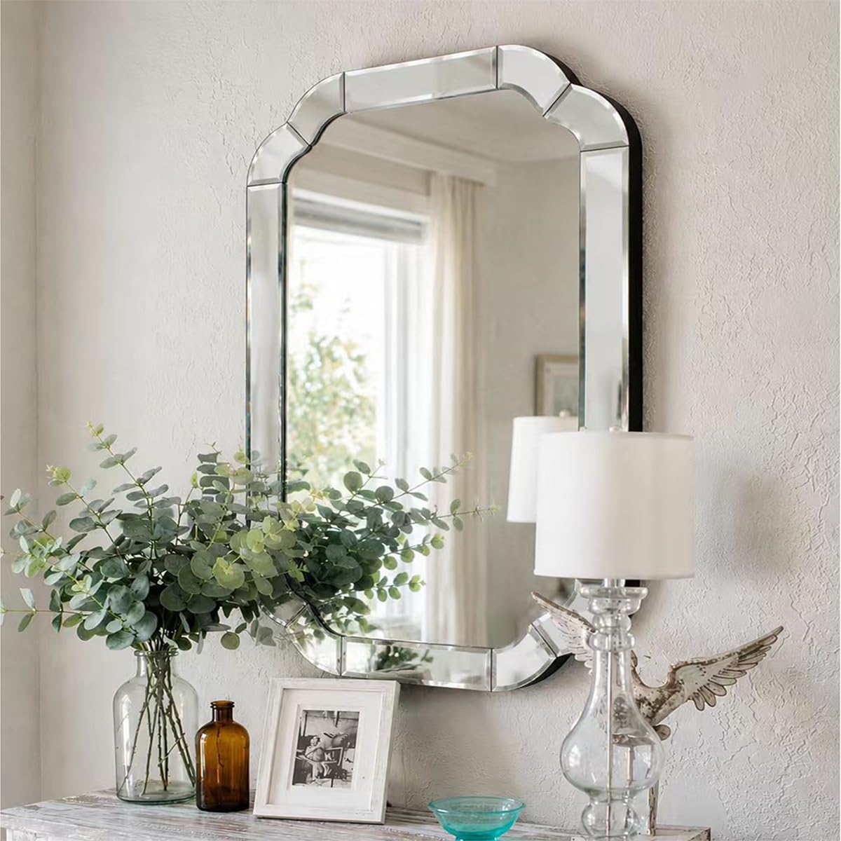 Autdot 39.4" x 27.6" Wall Mounted Living Room Mirrors for Wall, Scalloped Arched Wall Mirror Decorative with Beveled Wavy Rounded Corner for Bathroom, Dining Room, Entry Way