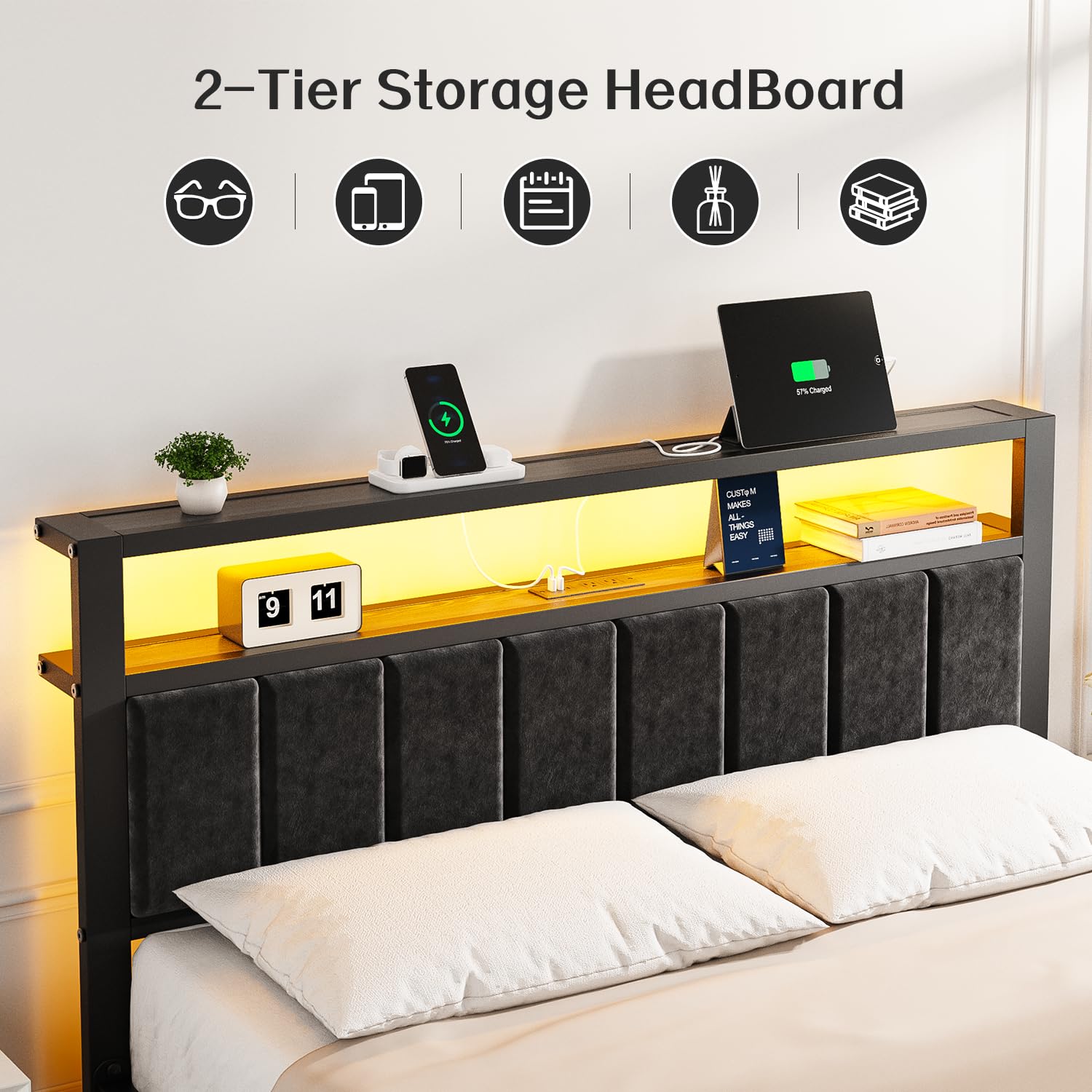 Platform Bed Frame with LED Lights & Charging Station