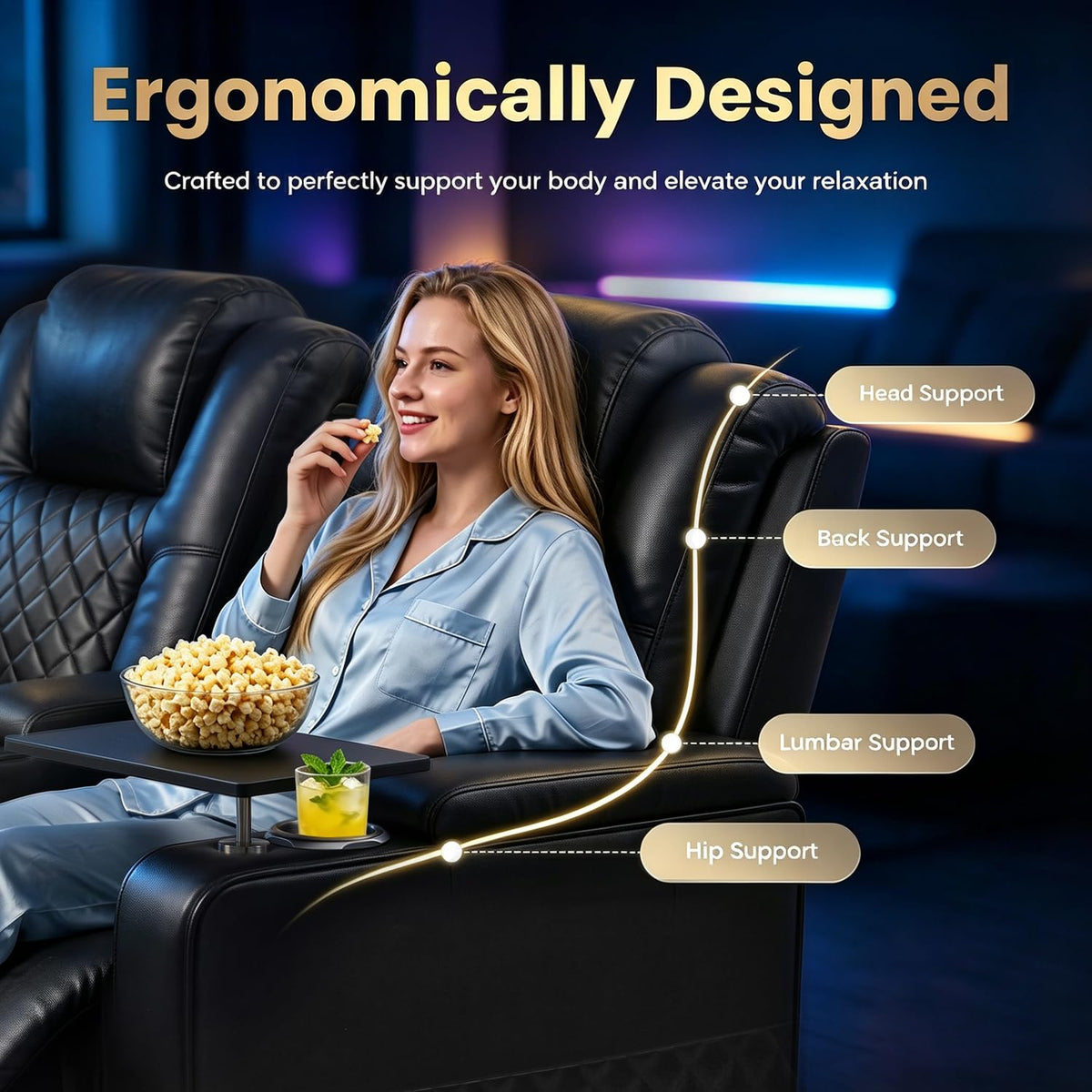 MBBMW Home Theater Seating, 5 Seat Power Recliner Sofa, Large Faux Leather Movie Couch with Adjustable Headrest, Ambient LED Lighting, USB Ports, Cup Holders and Hidden Arm Storage for Living Room