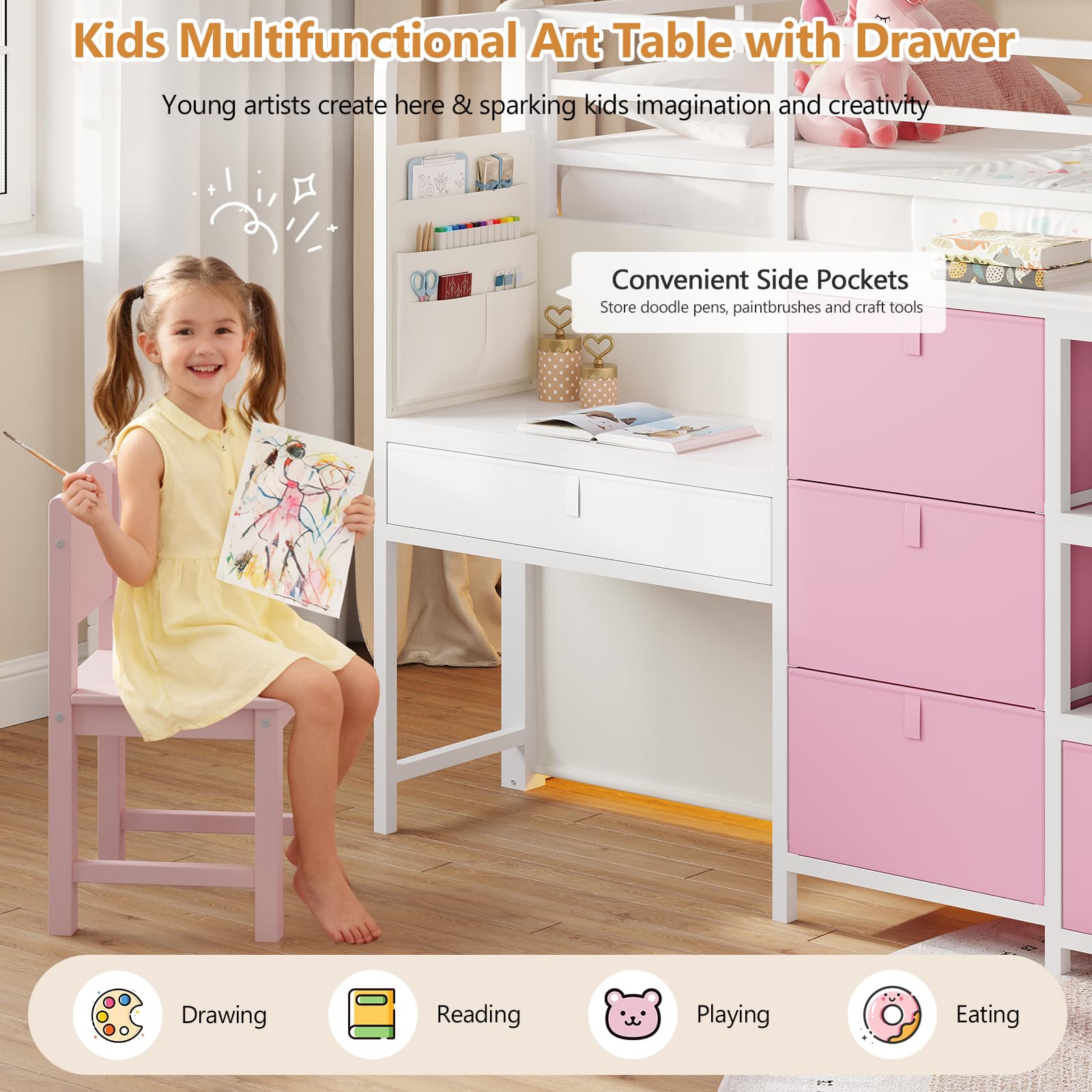 Twin Low Loft Bed with Desk, Storage Drawers & LED Lights