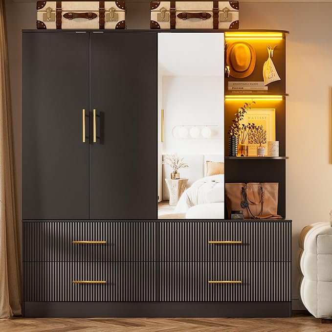 Large Wardrobe Closet with Mirror, LED Lights & Drawers