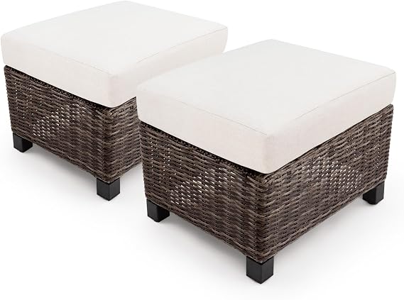Outdoor Wicker Ottomans, Set of 2