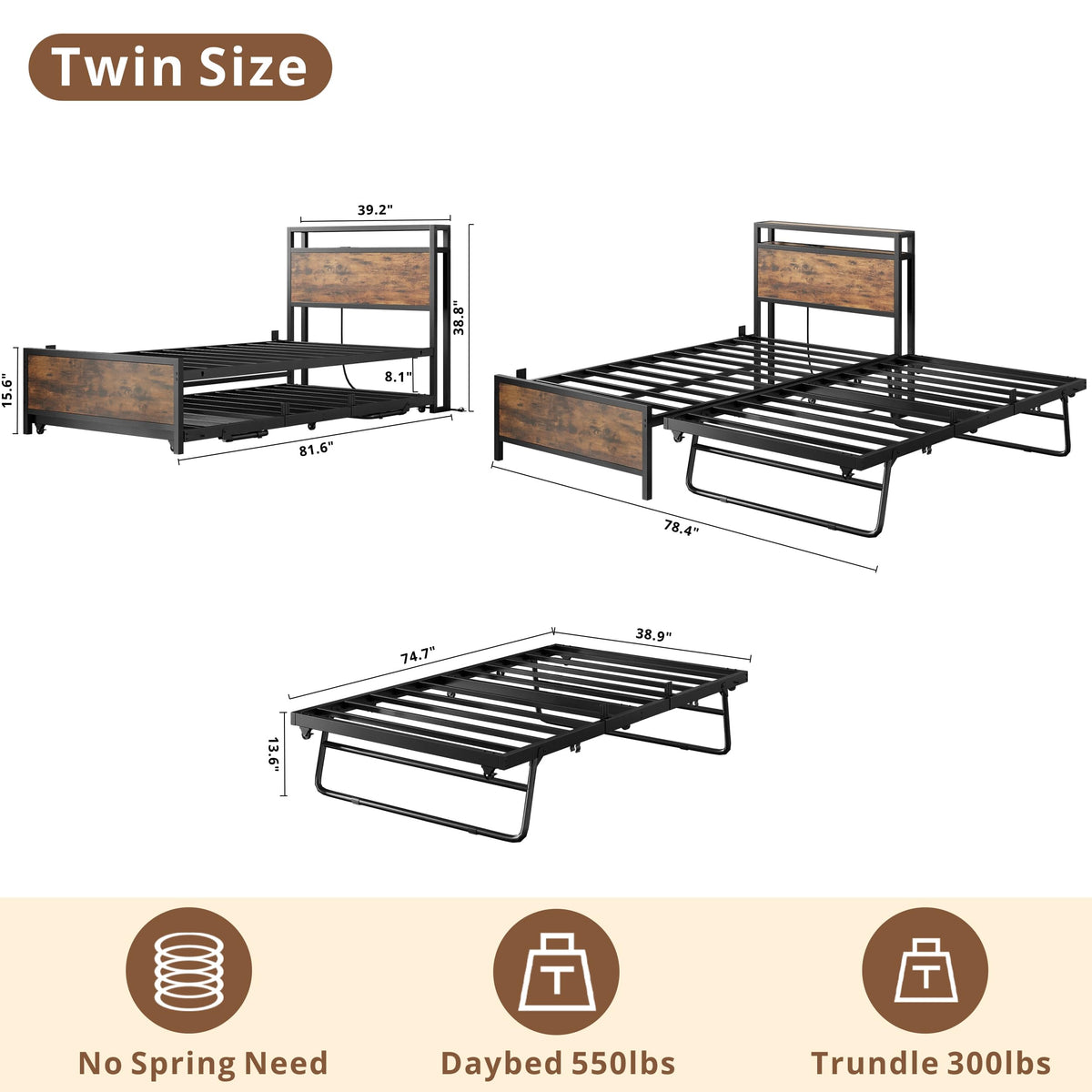 IRONCK Twin Daybed with Trundle Bed & Storage Headboard & Charging Station
