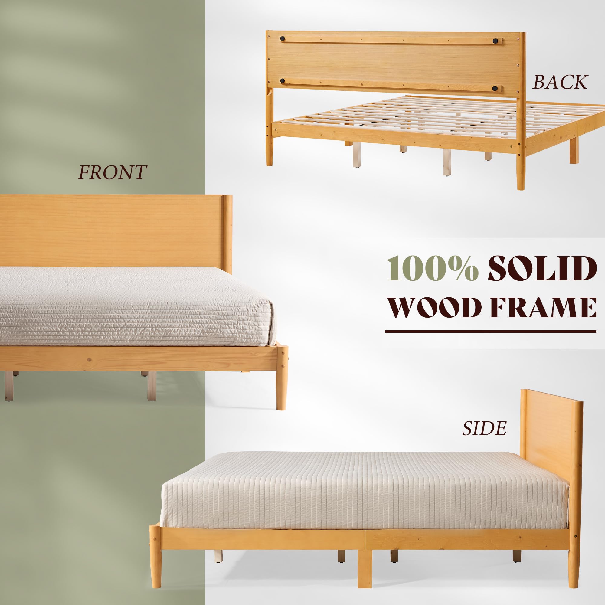 AMERLIFE 3 Piece Bedroom Set Includes Solid Wood Queen Platform Bed Frame with Headboard and 2 Nightstands with Spindle-Turned Legs, Mid Century Modern Bedroom Furniture, Natural