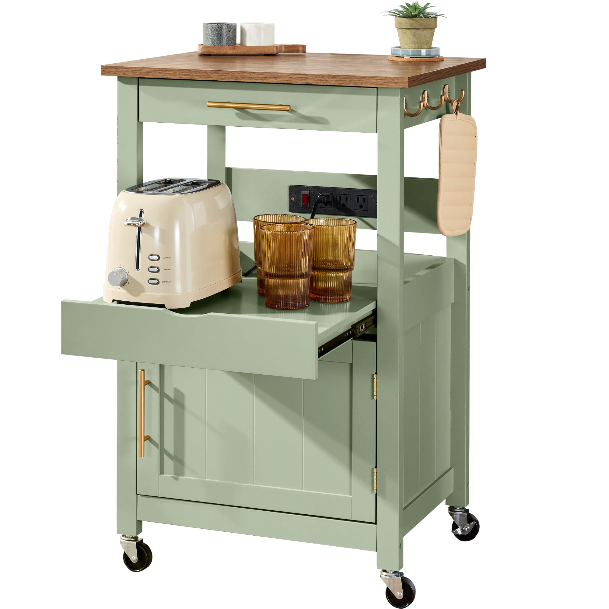 Best Choice Products Rolling Kitchen Island Cart, Single Door Cabinet W/Drawer, Sliding Tray, Outlet, Swivel Lockable Wheels, Hooks, Coffee Cart, Microwave Stand, for Dining Room - Pistachio Green