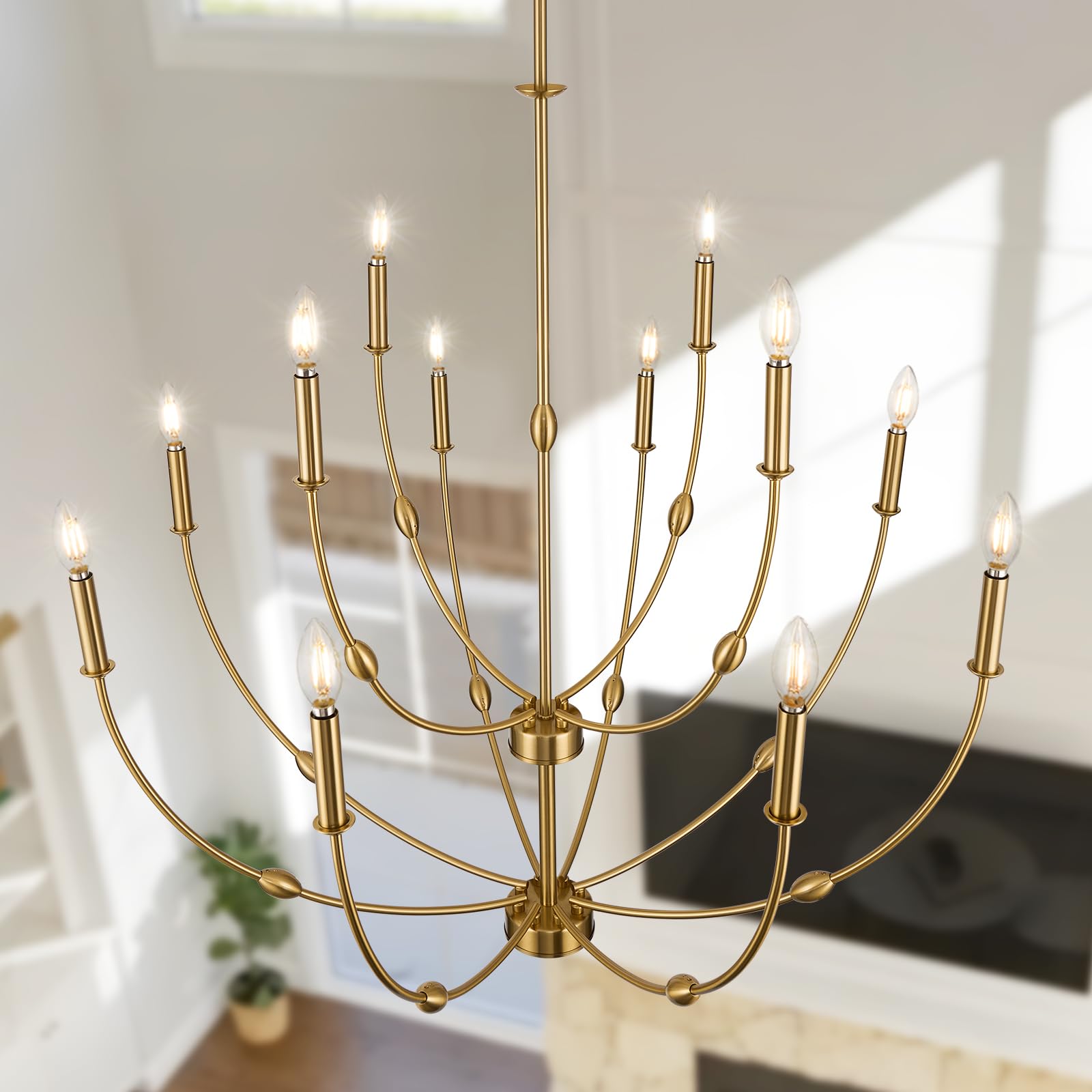 ACANER Modern Gold Chandelier, 12- Light Large Chandelier for High Ceilings, 35 inch 2-Tier Candle Style Rustic Hanging Light Fixture for Living Room Foyer Entryway