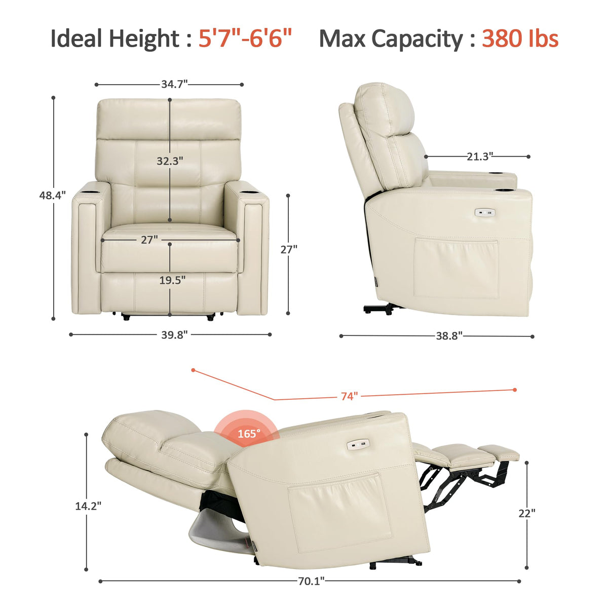 MCombo Triple Motor Oversized Lay Flat Power Lift Recliner Chair with Infinite Position, for 380lbs and Heights 5'7''-6'6" Big and Tall People, Adjustable headrest, Faux Leather R7177 (Cream White)