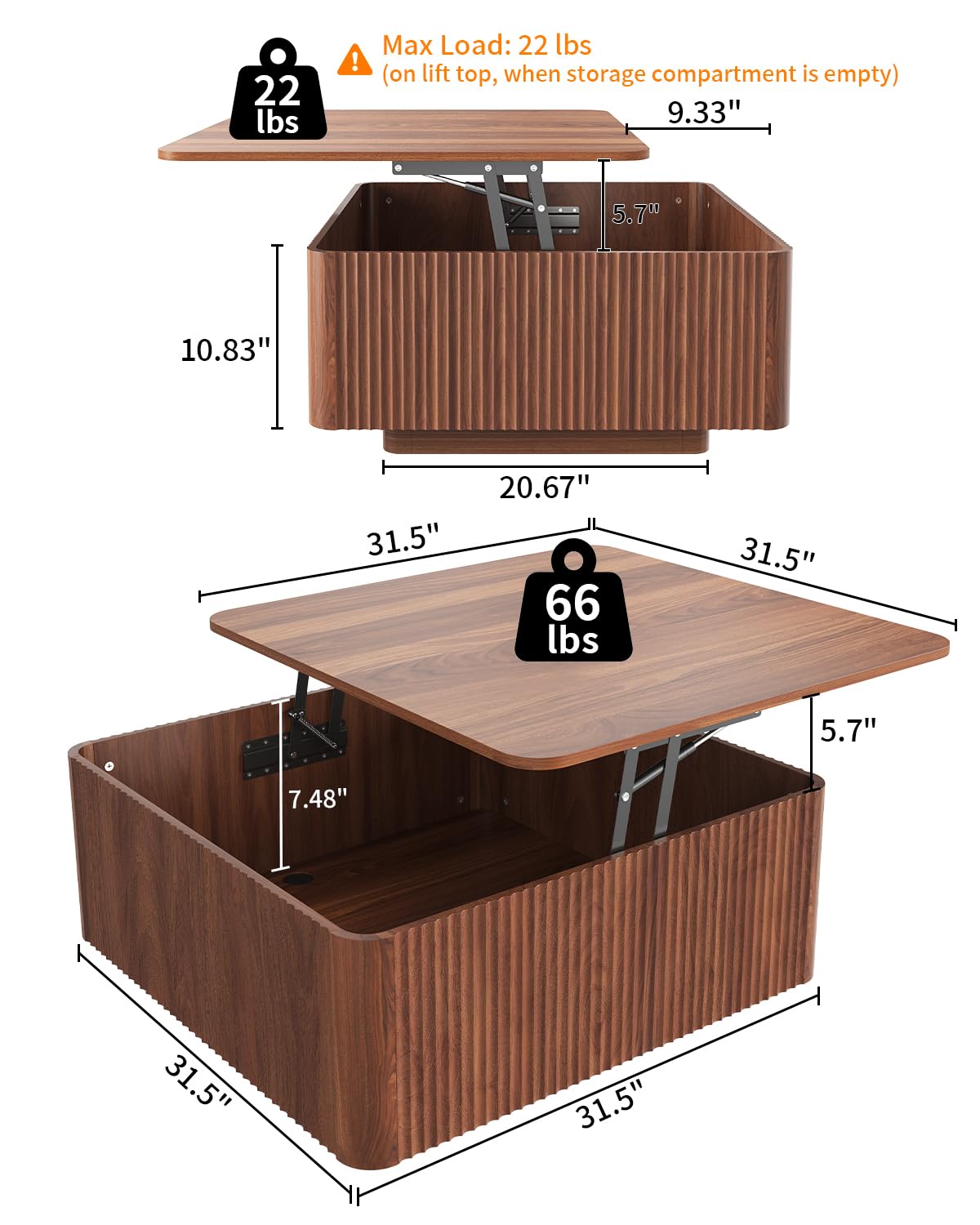 ASDHVCCO Lift Top Coffee Table, Farmhouse Square Fluted Center Table, 31.5" Modern Wooden Tea Table with Hidden Storage LED for Living Room, Apartment, Small Spaces, Walnut