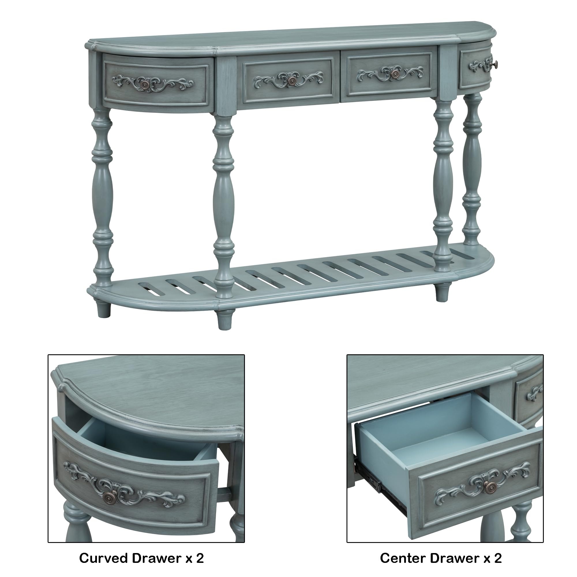 Amposei Retro Wood Curved Entryway Console Table 52-Inch Half Moon Hall Sofa Table with Drawers & Shelf for Living Room Hallway Foyer Home Accent Furniture, Distressed Finish (Antique Blue)