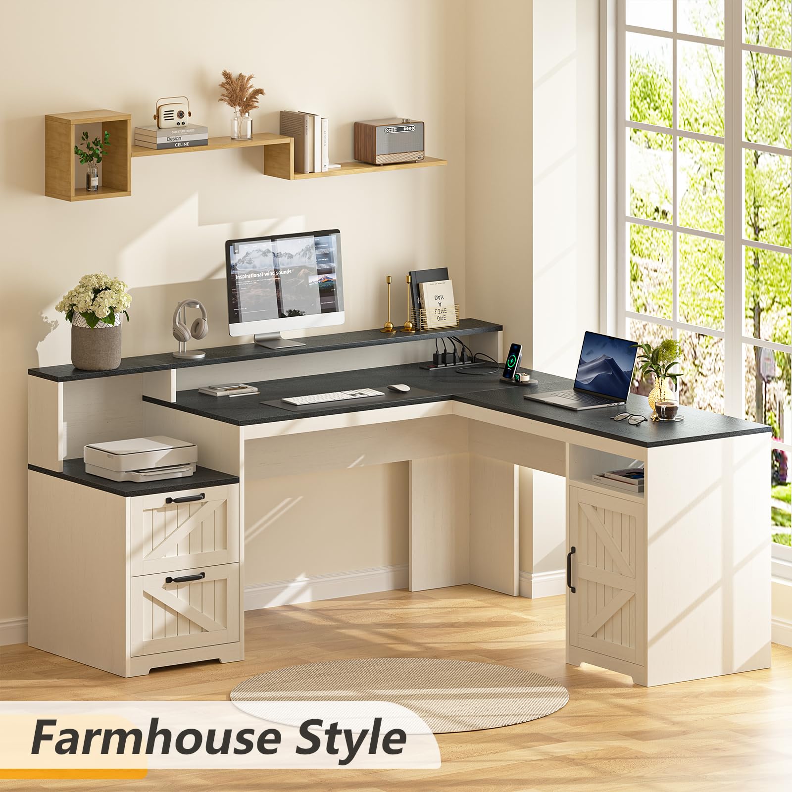YOMILUVE 63" Farmhouse L Shaped Executive Desk with Drawers & Storage Shelf, Corner Computer Desk with Power Outlets, L Shaped Office Desk with Monitor Stand, Printer Shelf, Black and White