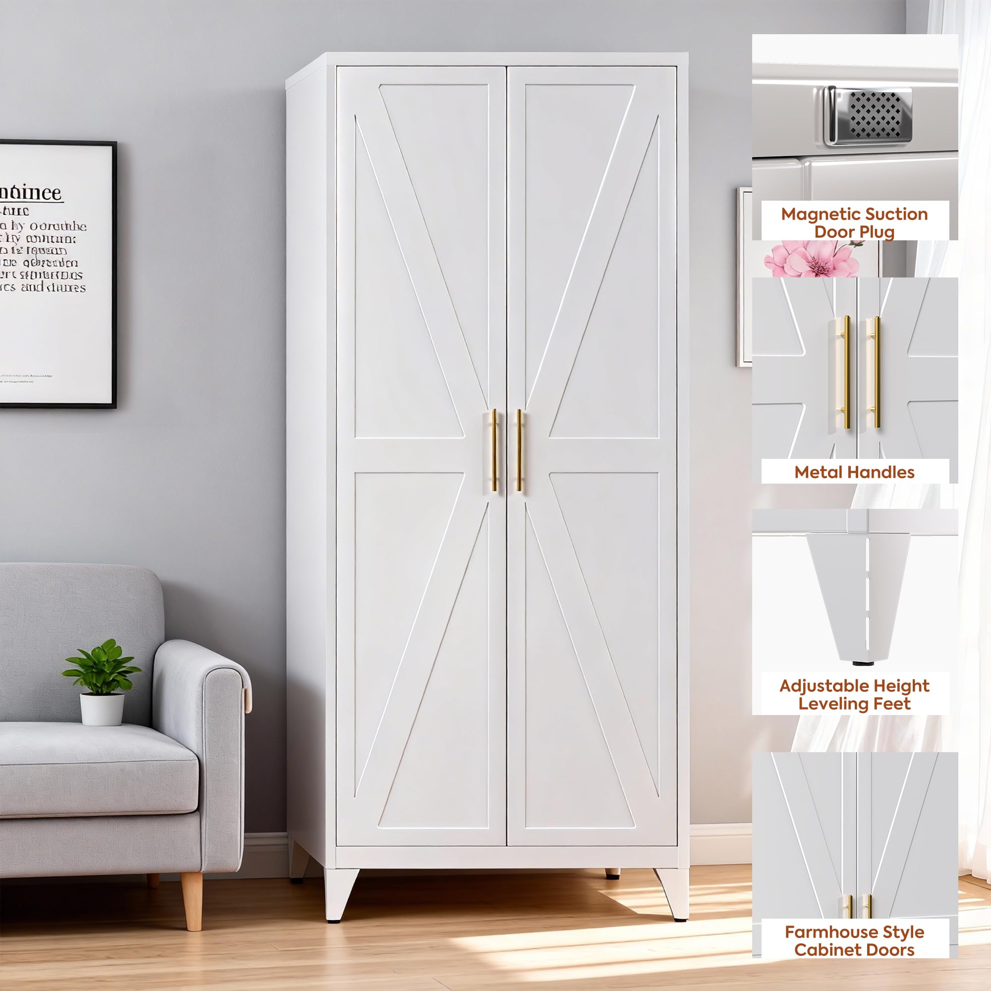 GangMei 75.3 in Metal Kitchen Pantry Cabinet, White, 5 Adjustable Shelves