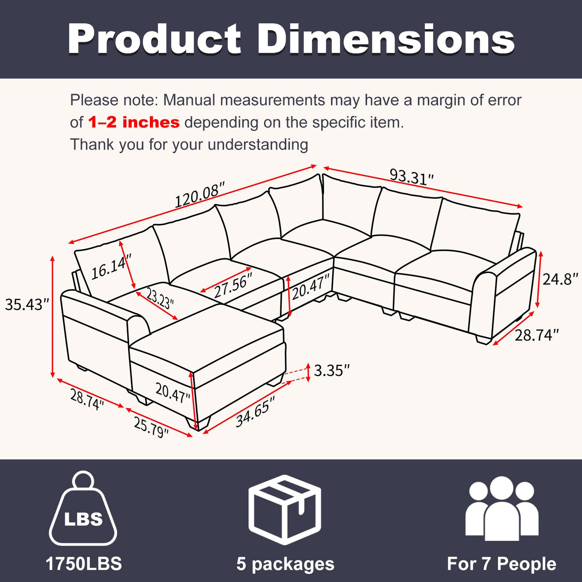 Kuroyama 120" Large Sectional Couches for Living Room, 7 Seater Corner Sofa