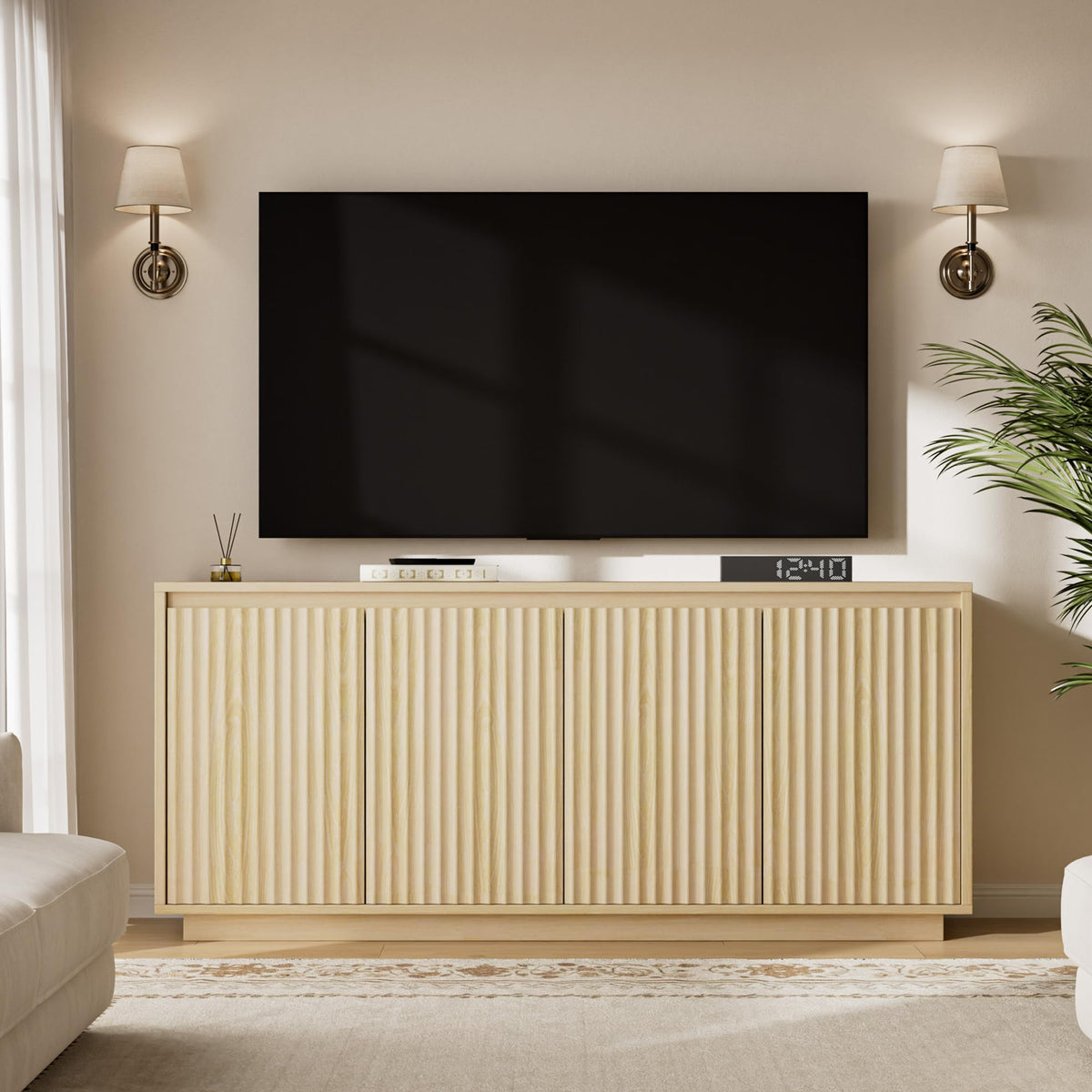 Lulive 63" Fluted Buffet Cabinet Sideboard with Storage Credenza 4 Doors Wood Modern Accent Coffee Bar Console Table for Kitchen Entryway Oak Natural