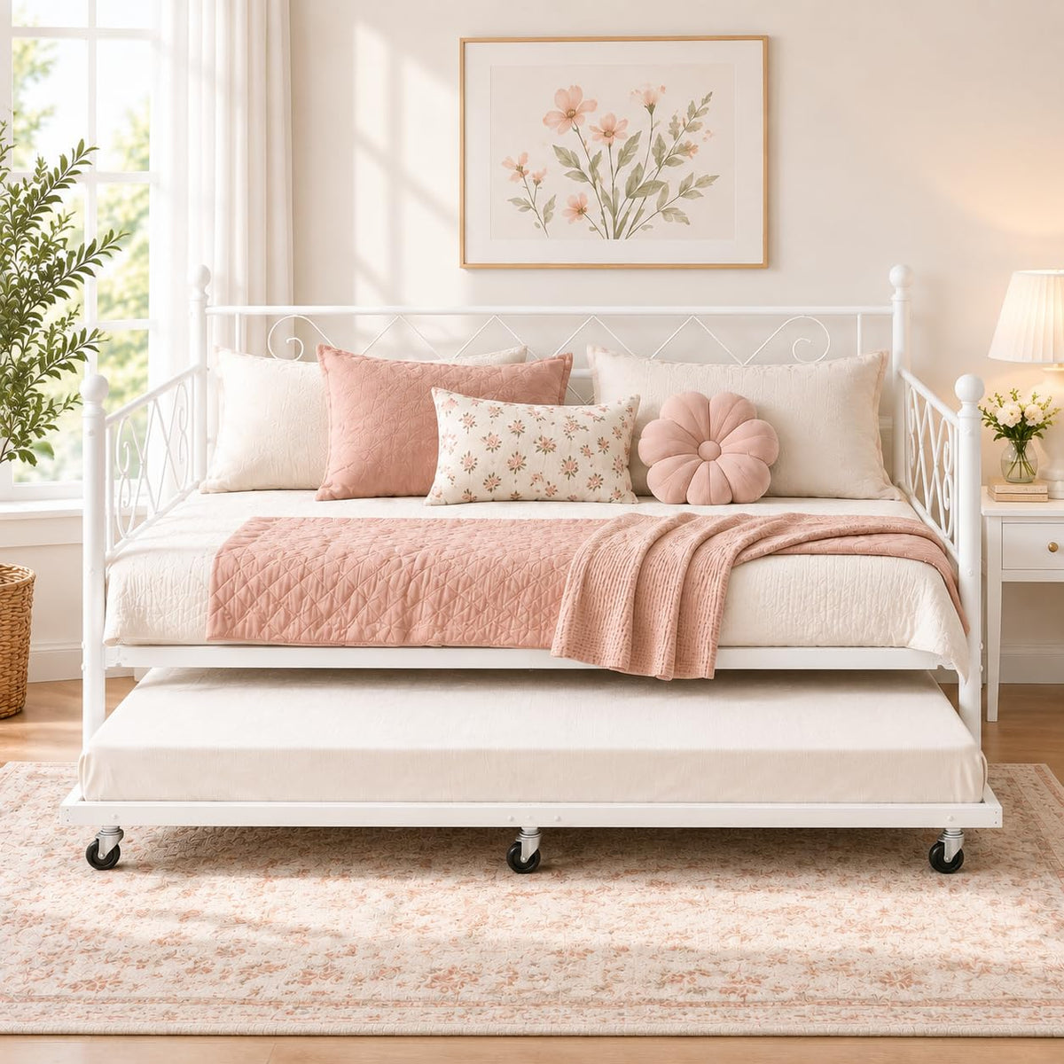 Garvee Daybed with Trundle, Heart‑Shaped Daybed with Trundle, Sturdy Metal Sofa Bed, Heavy-Duty Metal Bed Frame Support, for Living Rooms, Bedrooms, and Guest Rooms, Easy Assembly