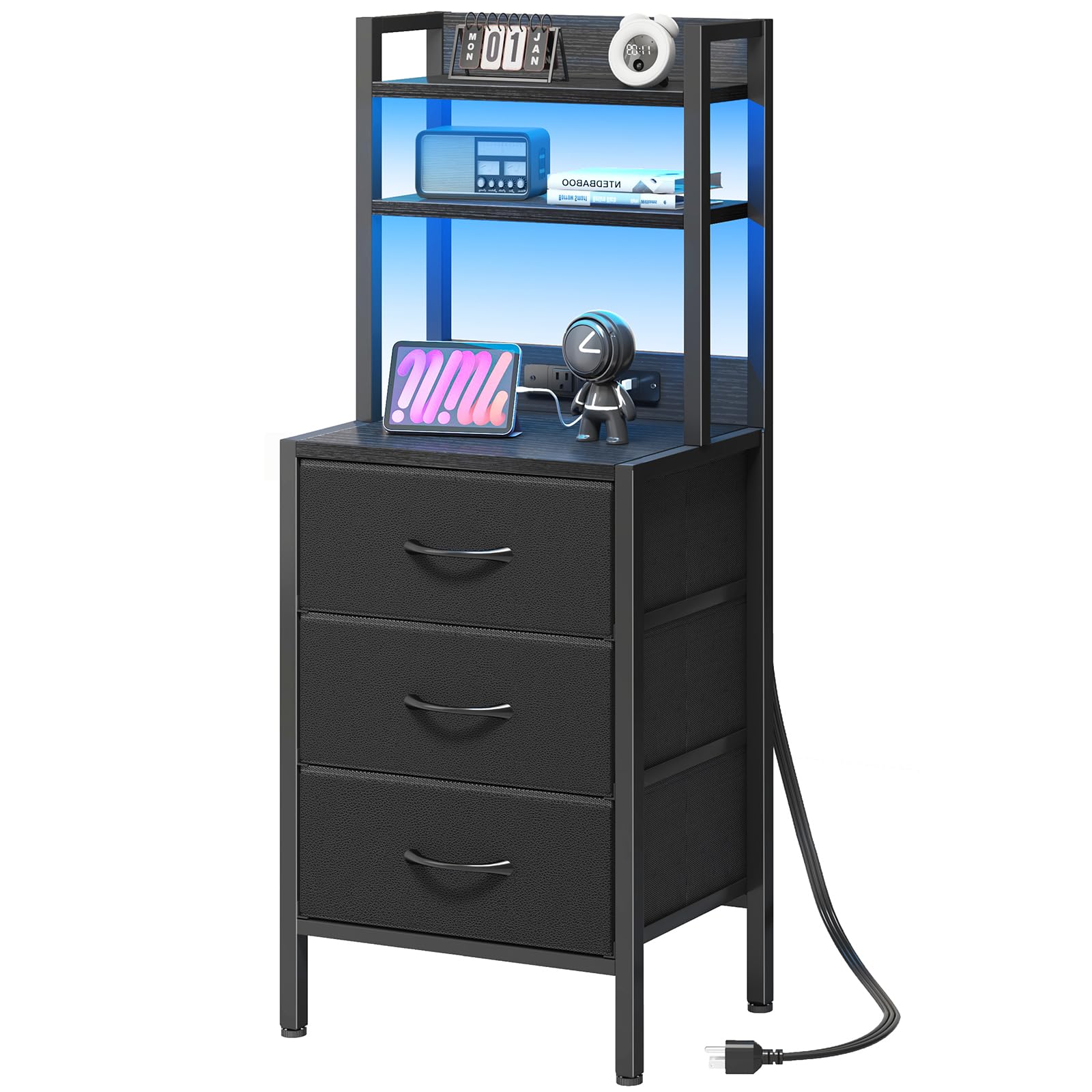 Fixwal 41 Inch Tall Nightstand with Charging Station, 3 Fabric Storage Drawers and Shelves, Led Night Stand with U-S-B Port & Socket, Bedroom Dorm Office, Bedside Table & Bookshelf in One, Black