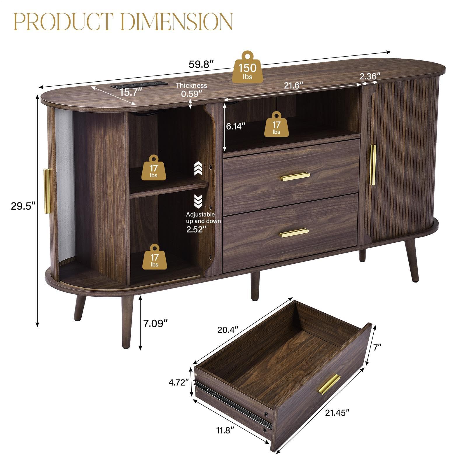 60" Sideboard Buffet Cabinet with Sliding Doors & Adjustable Shelf