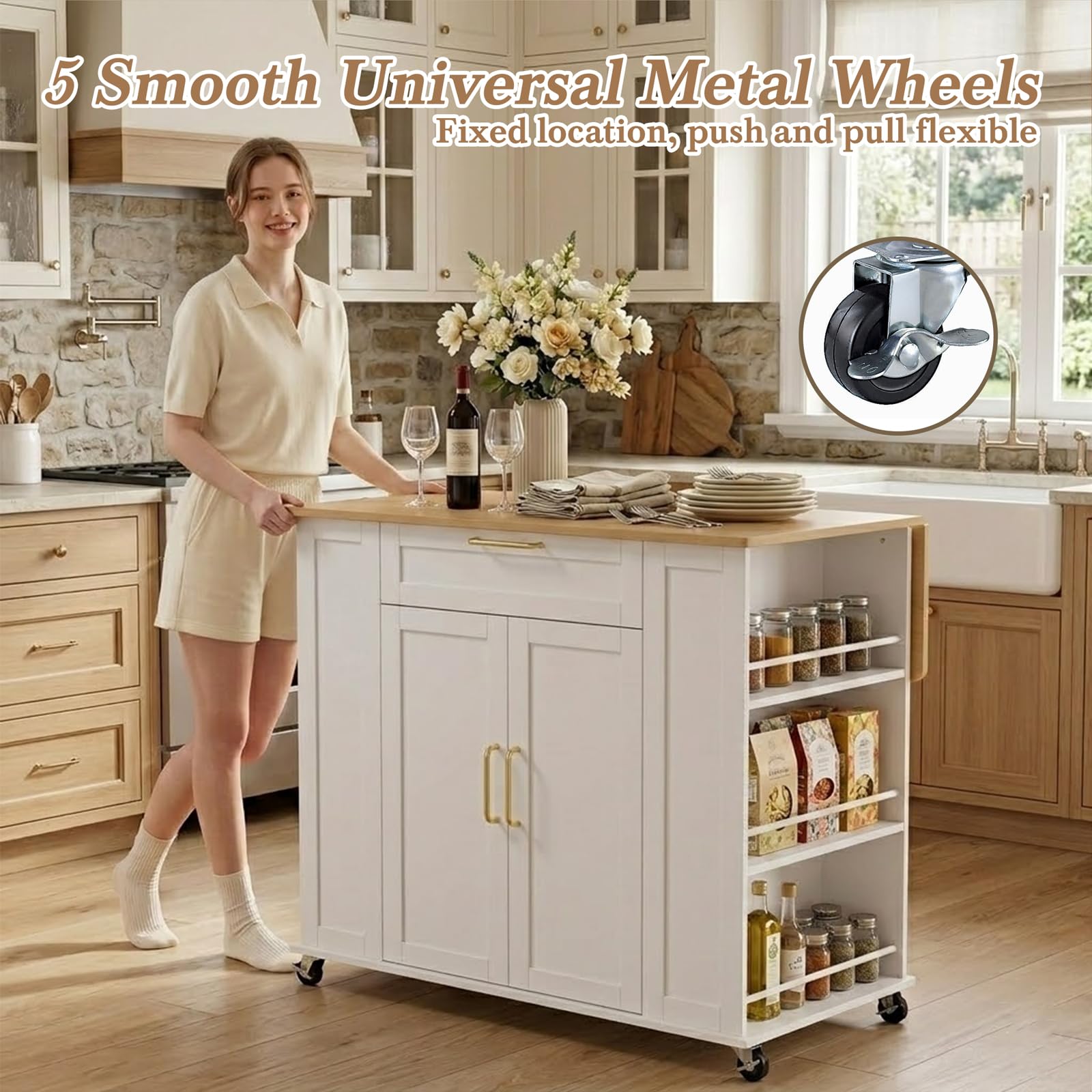 Faesun Kitchen Island on Wheels with Storage, Portable Kitchen Cart with Foldable Drop Leaf & Adjustable Shelves, Rolling Kitchen Island Cabinet with Spice Rack & 5 Casters, FSC Wood, White