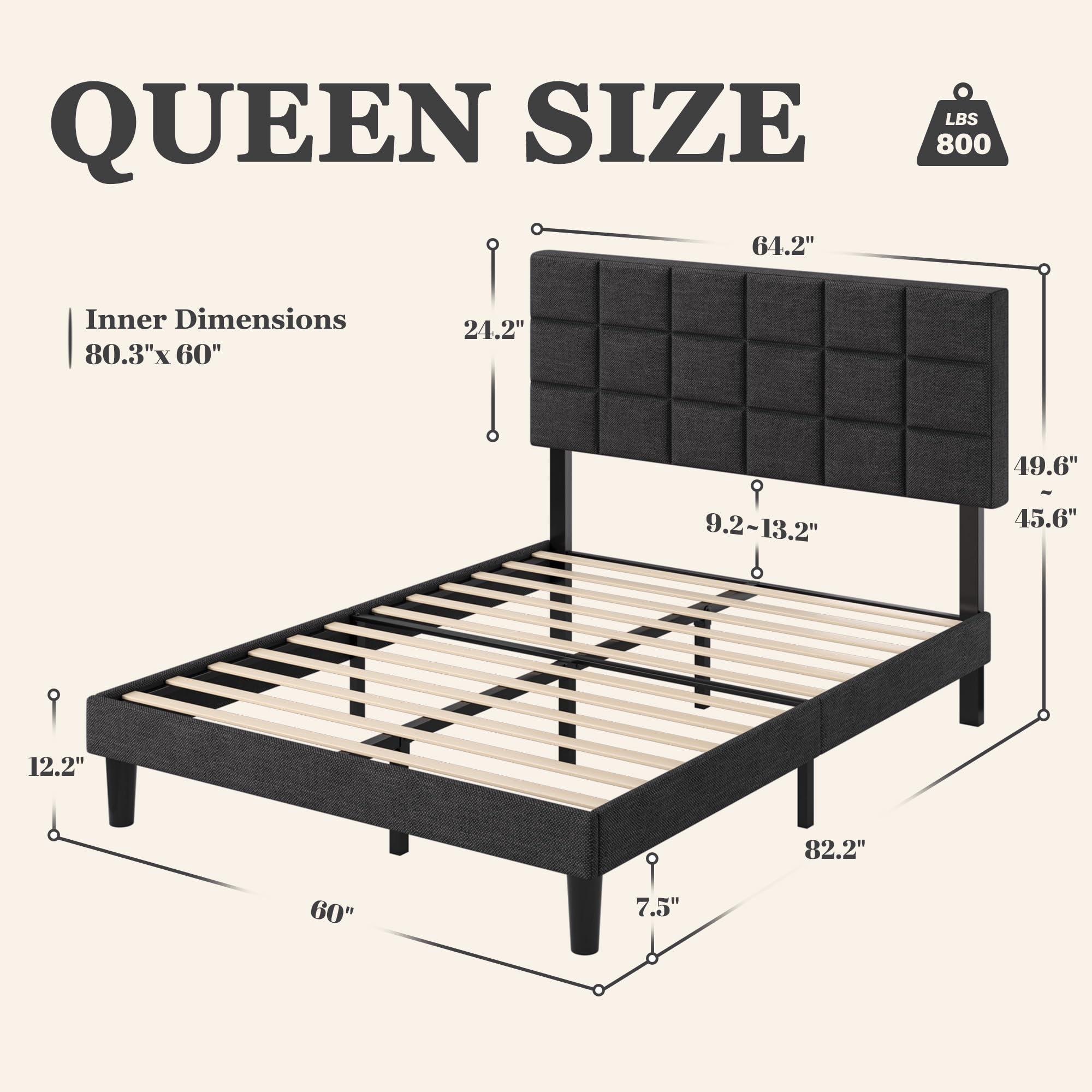Upholstered Platform Bed Frame with Adjustable Headboard