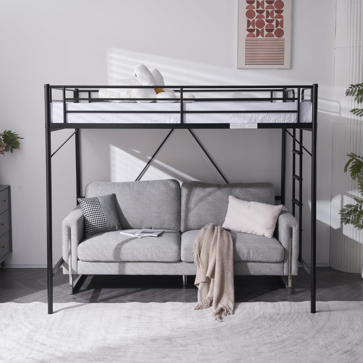 VINGLI Loft Bed Full Size with Flat Rungs for Adults, Kids and Young Teens, No Box Spring Required,Heavy Duty Metal Slat Support,Black