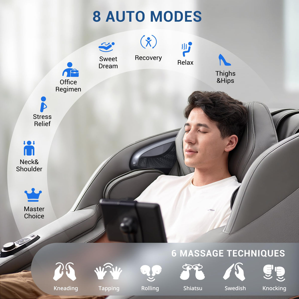 MYNTA Massage Chair Full Body, 170° Flexible SL Track Shiatsu Massage Chairs with Zero Gravity, Bluetooth Speaker, Airbags & Heating, MC1650(Grey)