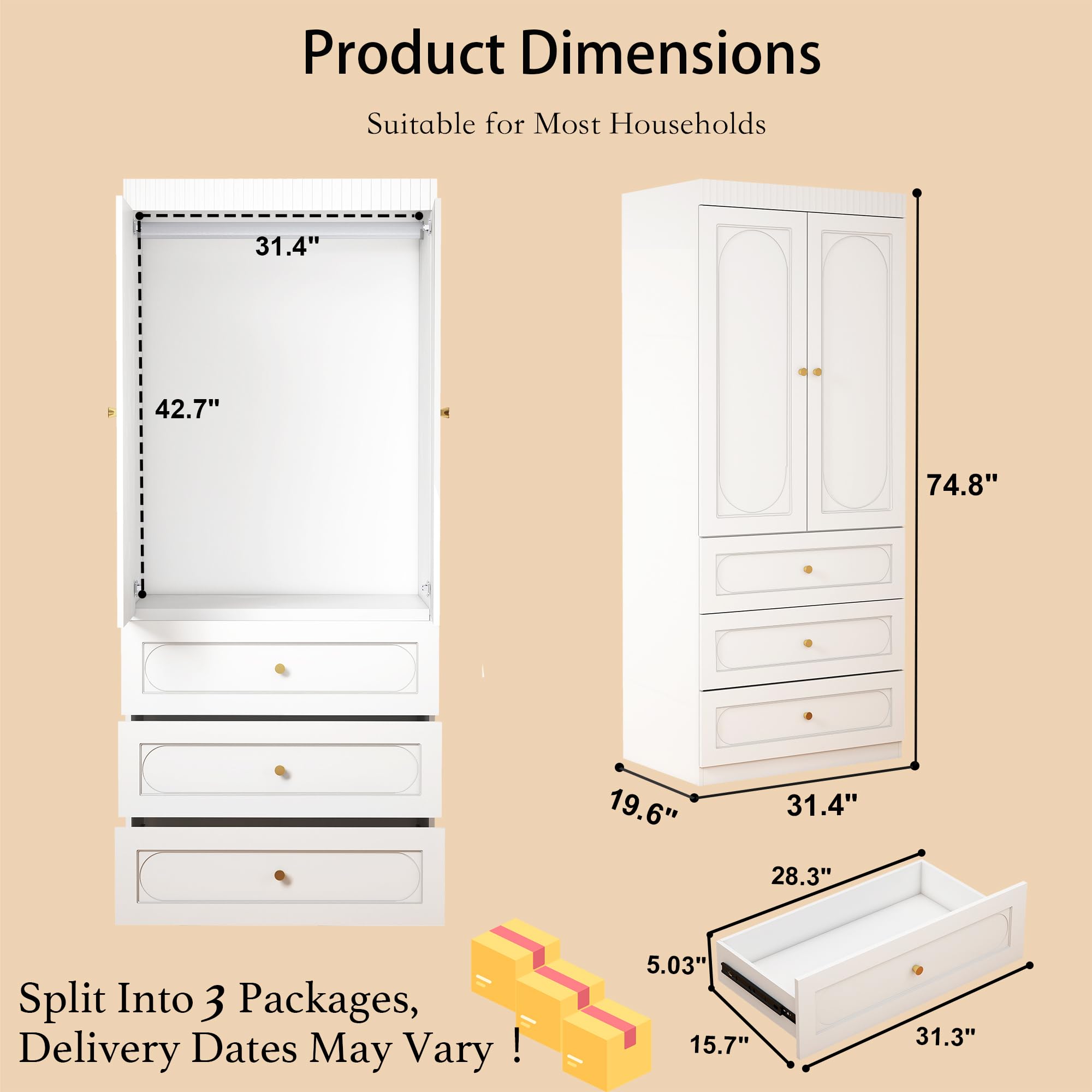 Vrmuxita Armoire Wardrobe Closet with Drawers: 74" Tall White Wardrobe Closet with Doors, Large Bedroom Armoires for Clothes, Wood Closets for Hanging Clothes (31.5 in-2 Doors)