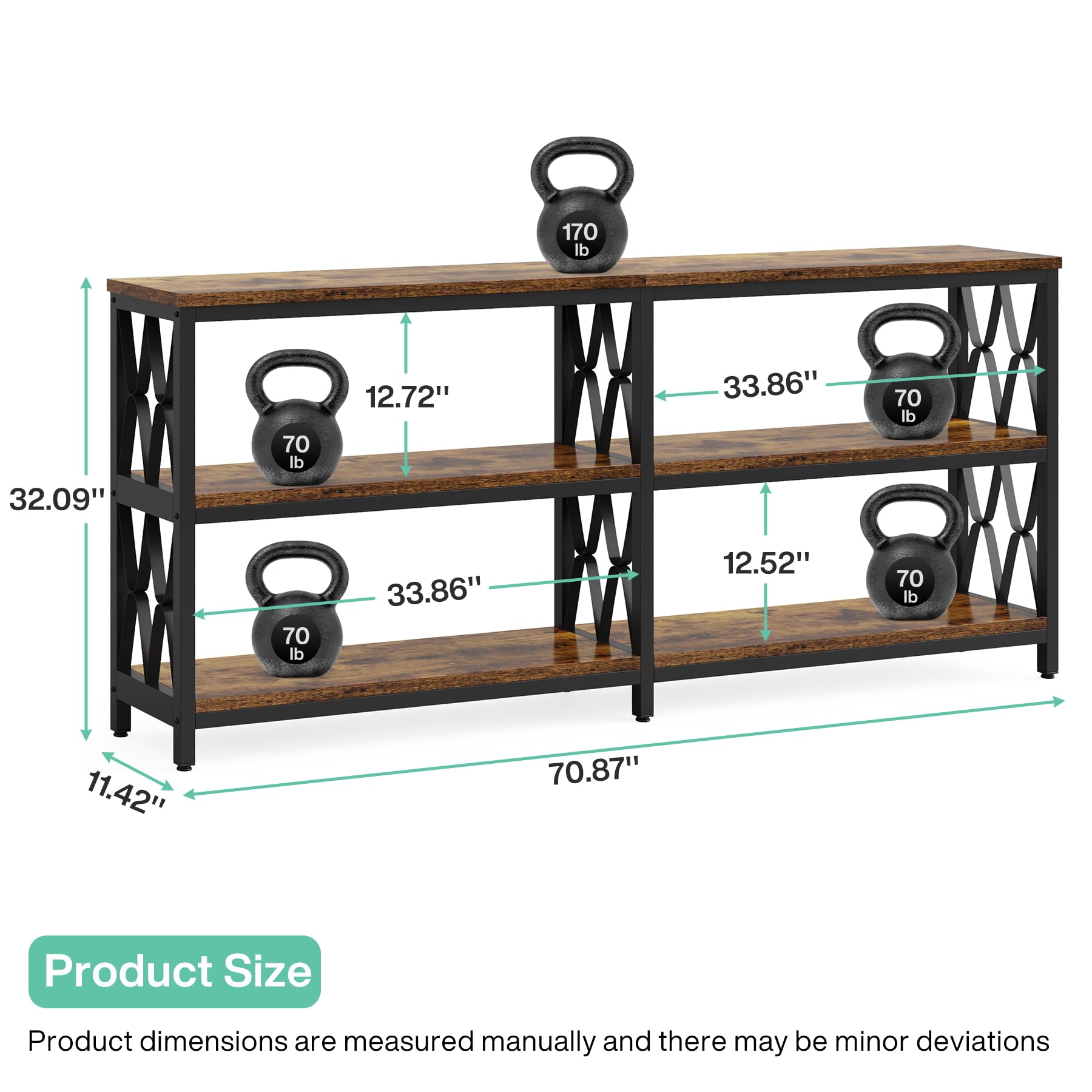 LITTLE TREE Console Table with Storage Shelves, 70.9" Industrial 3-Tier Sofa Table for Living Room, Long Foyer Table Entryway Table for Hallway, Front Door, Entrance, Rustic Brown & Black