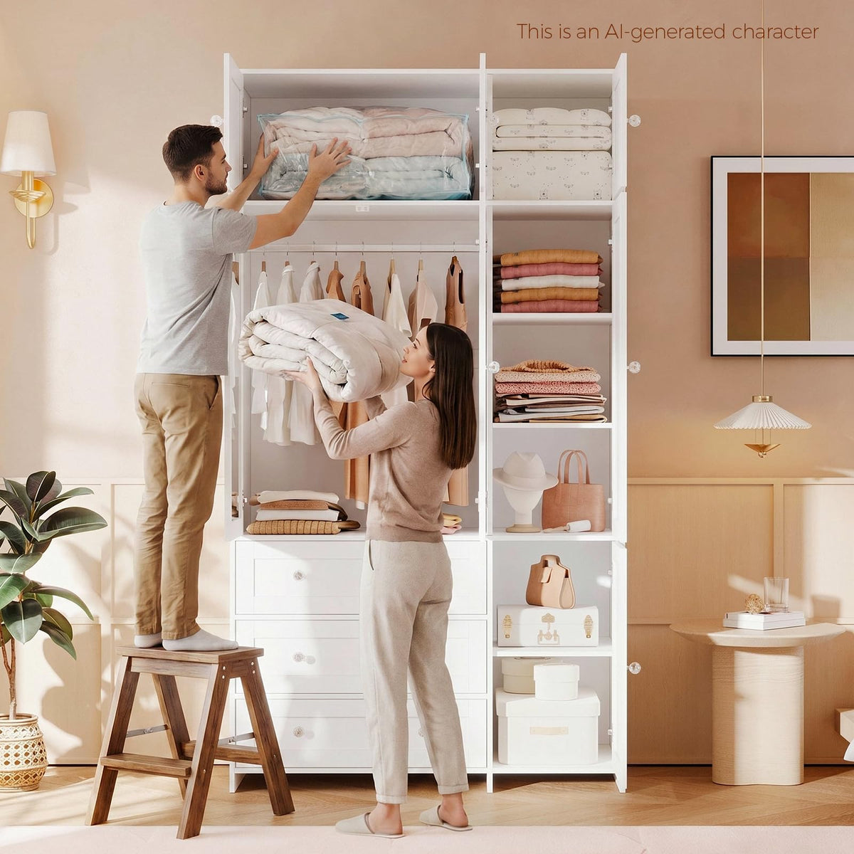 VOWNER 87"Tall Armoire Wardrobe Closet with Overhead Cabinets, Mirror & Rod