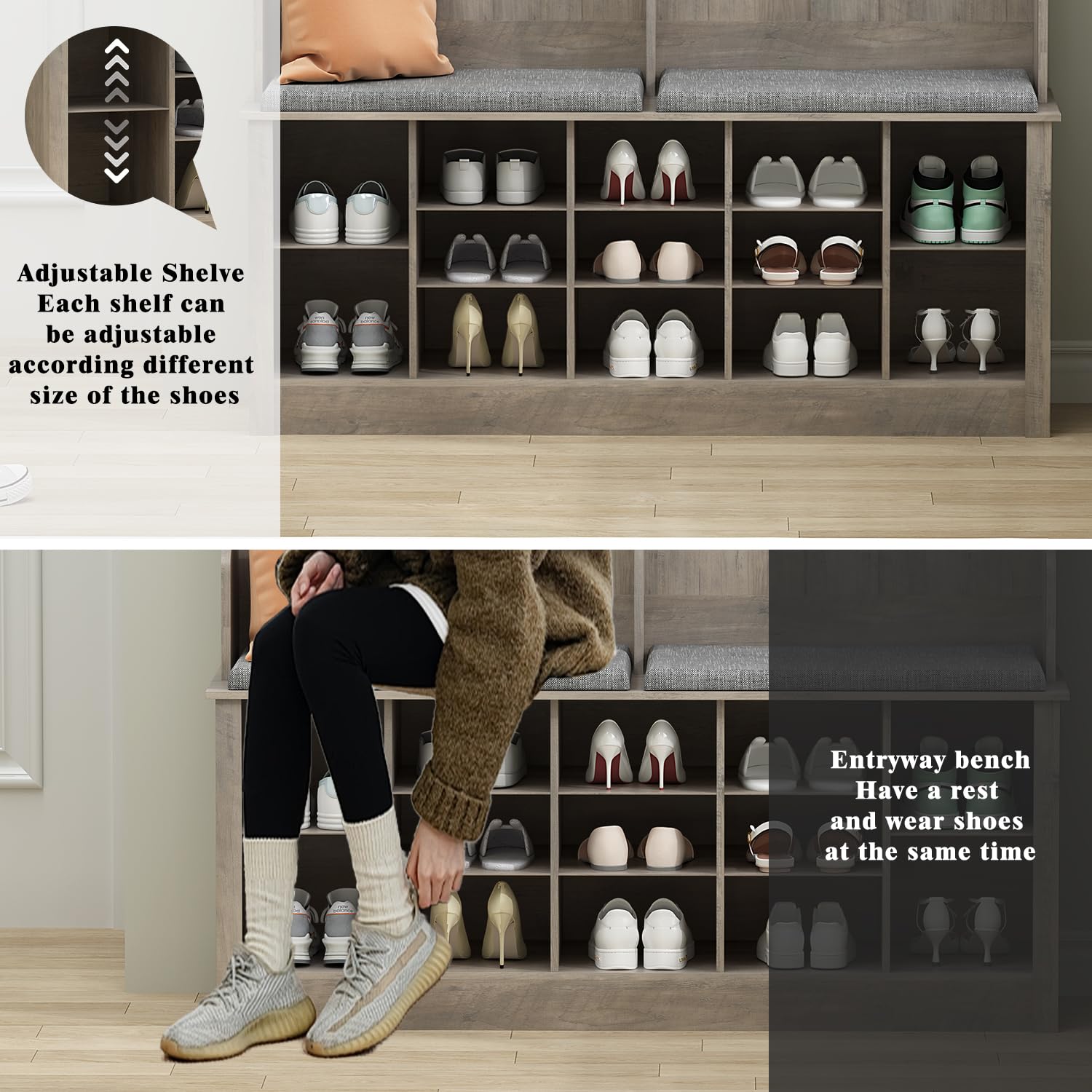 4-in-1 Farmhouse Hall Tree with Bench, 12 Shoe Cubbies & 6 Hooks