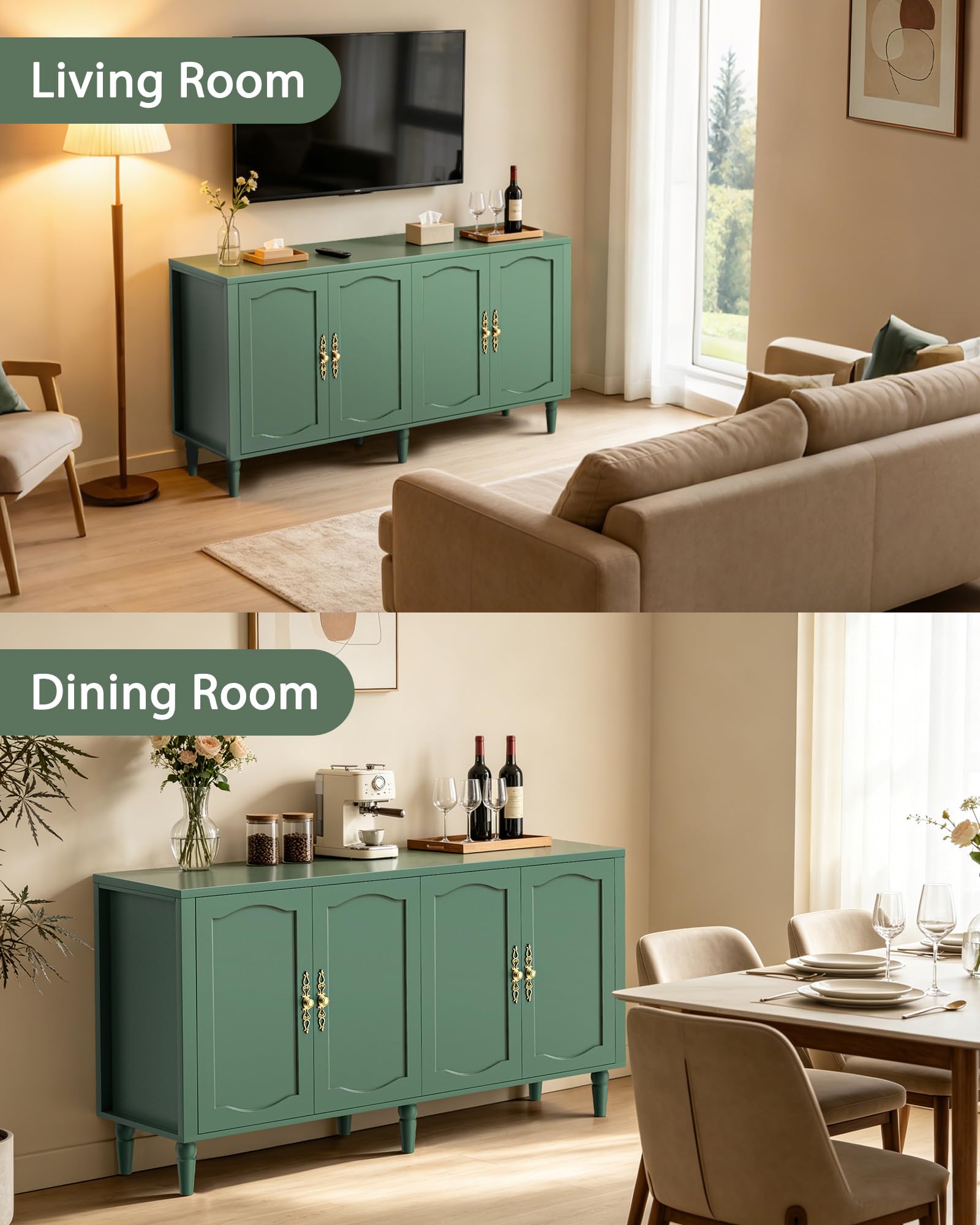 63" Wood Sideboard Buffet Cabinet with Adjustable Shelves