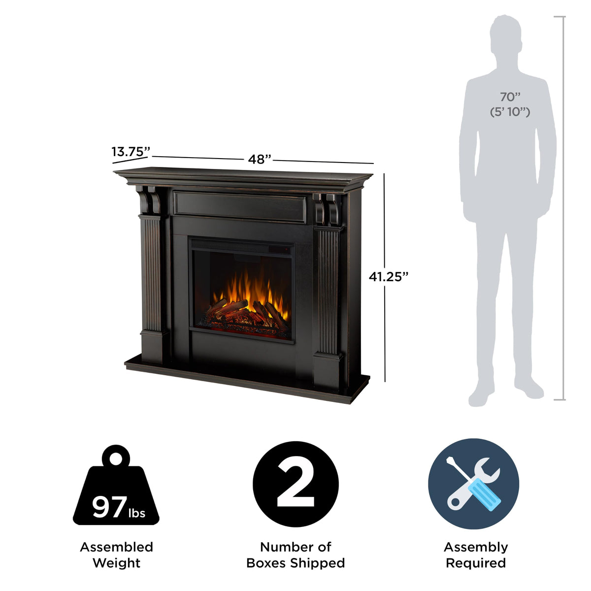 Real Flame Ashley 48" Electric Fireplace with Mantel for Living Room or Bedroom, Replaceable Fireplace Insert Heater, Realistic Log and Flame Effect, Remote Control, Timer