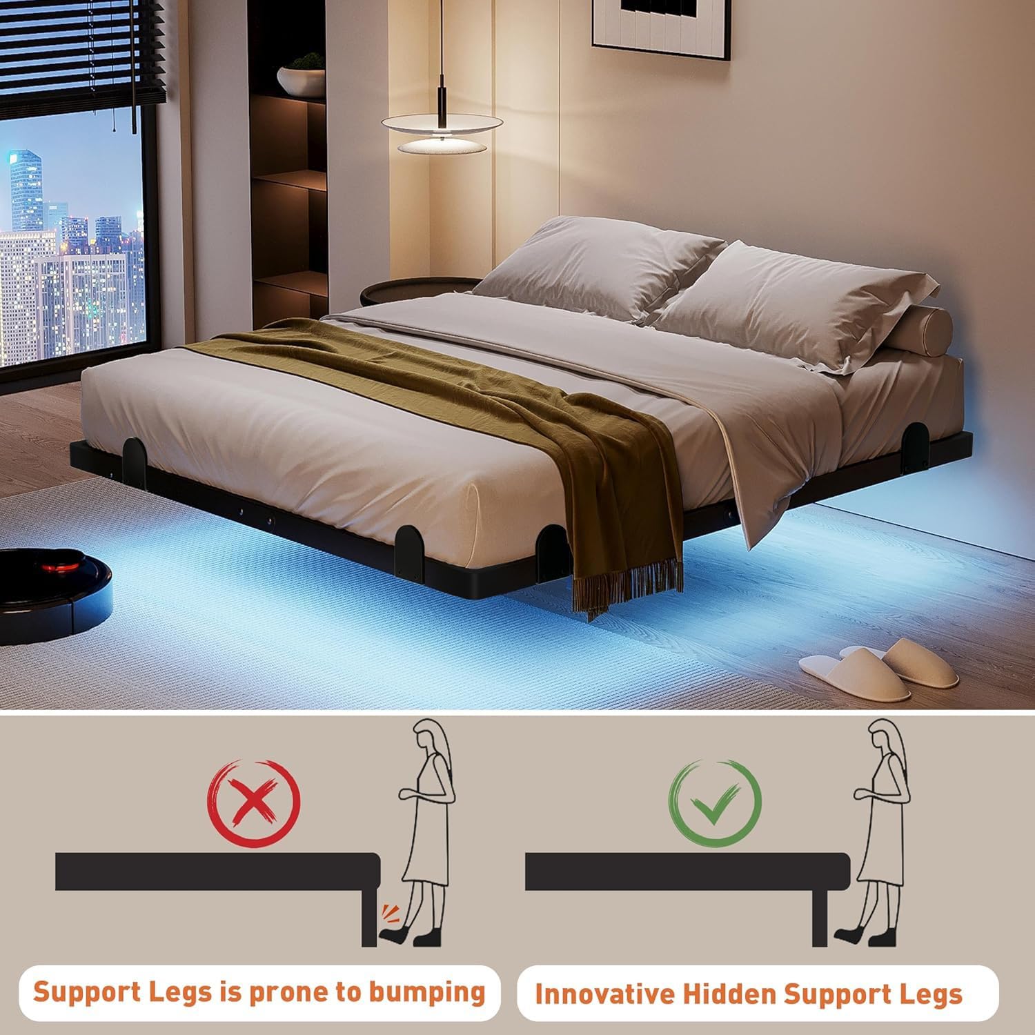 qimamo Floating Queen Bed Frame, 14 Inch Metal Platform Bed with Smart LED Lights & Charging Station, Easy Assembly, No Box Spring Needed