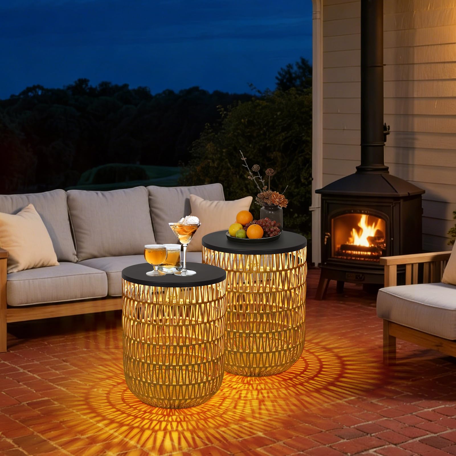 Solar Outdoor Side Table Set of 2 with Dimmable Light