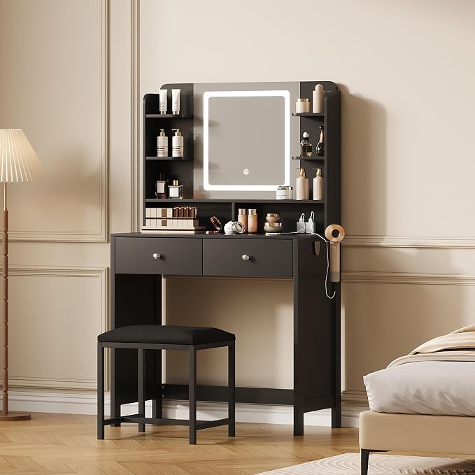 Makeup Vanity with LED Mirror and Stool