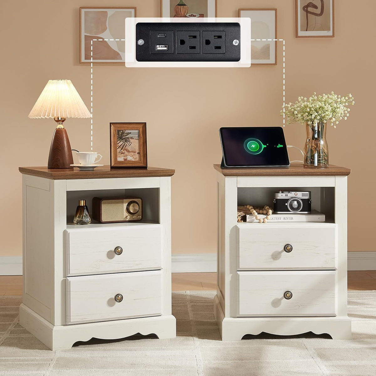 AMERLIFE 3-Piece Modern Fluted Queen Bedroom Furniture Set, Rustic White