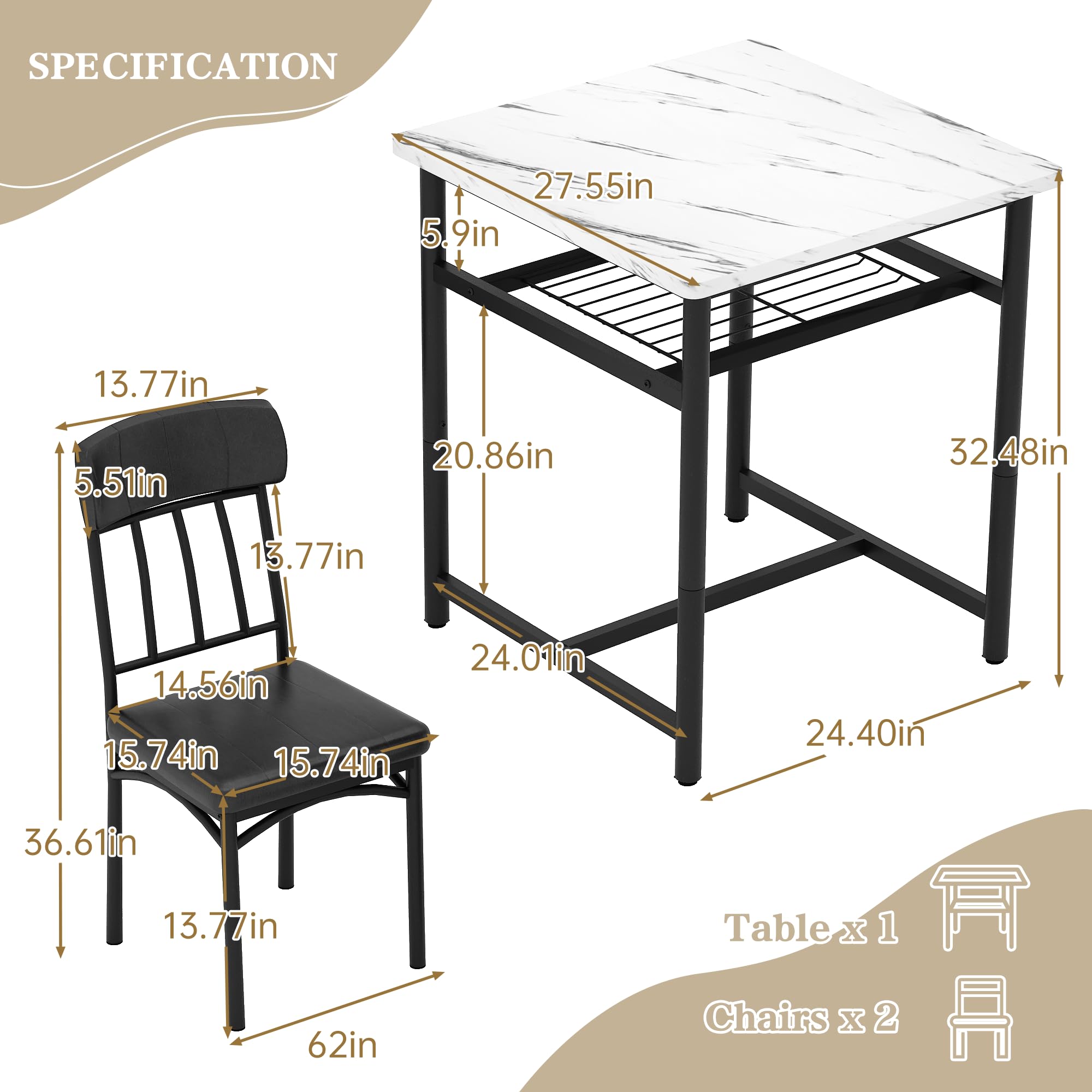 AWQM Square Dining Table Set for 2, Faux Marble Compact Bistro Table with Upholstered Chairs, Space Saving Kitchen Breakfast Nook, Built-in Storage Rack 3-Piece Modern Dining Set for Kitchen & Dining