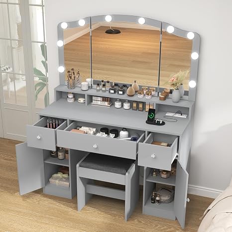 Vanity Desk with LED Mirror & Power Outlet