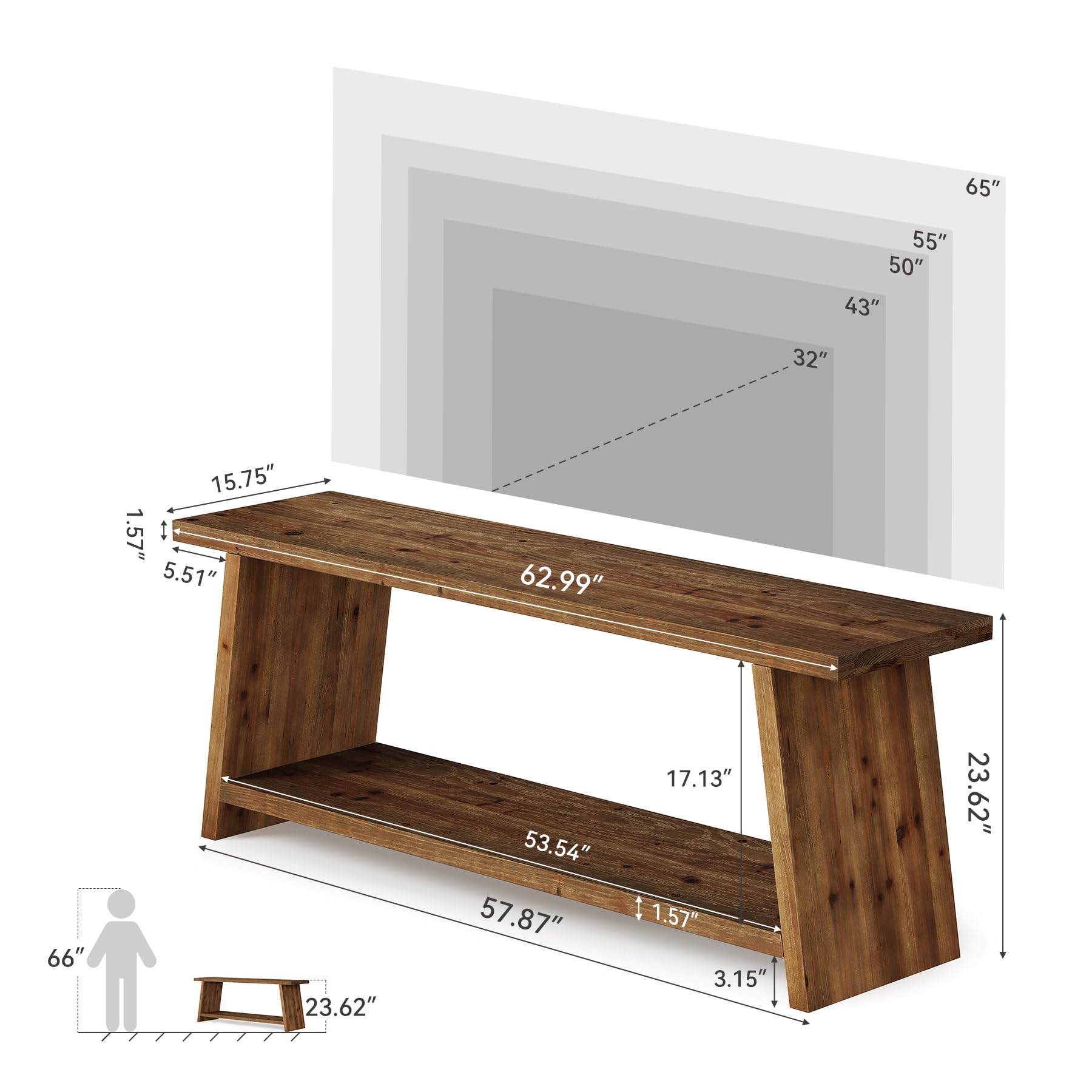LITTLE TREE Solid Wood TV Stand, Farmhouse Media Console for 55/60/65 inch TV, 2-Tier Mid-Century Modern TV Stand with Storage, for Living Room, Entertainment Center (Walnut, 63-Inch)