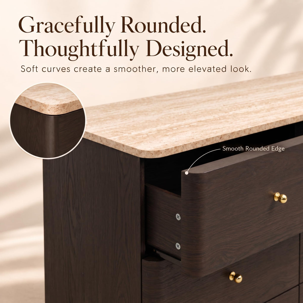 Brafab 47.5" Curved Chest of Drawers, 6 Drawer Dresser Travertine-Inspired