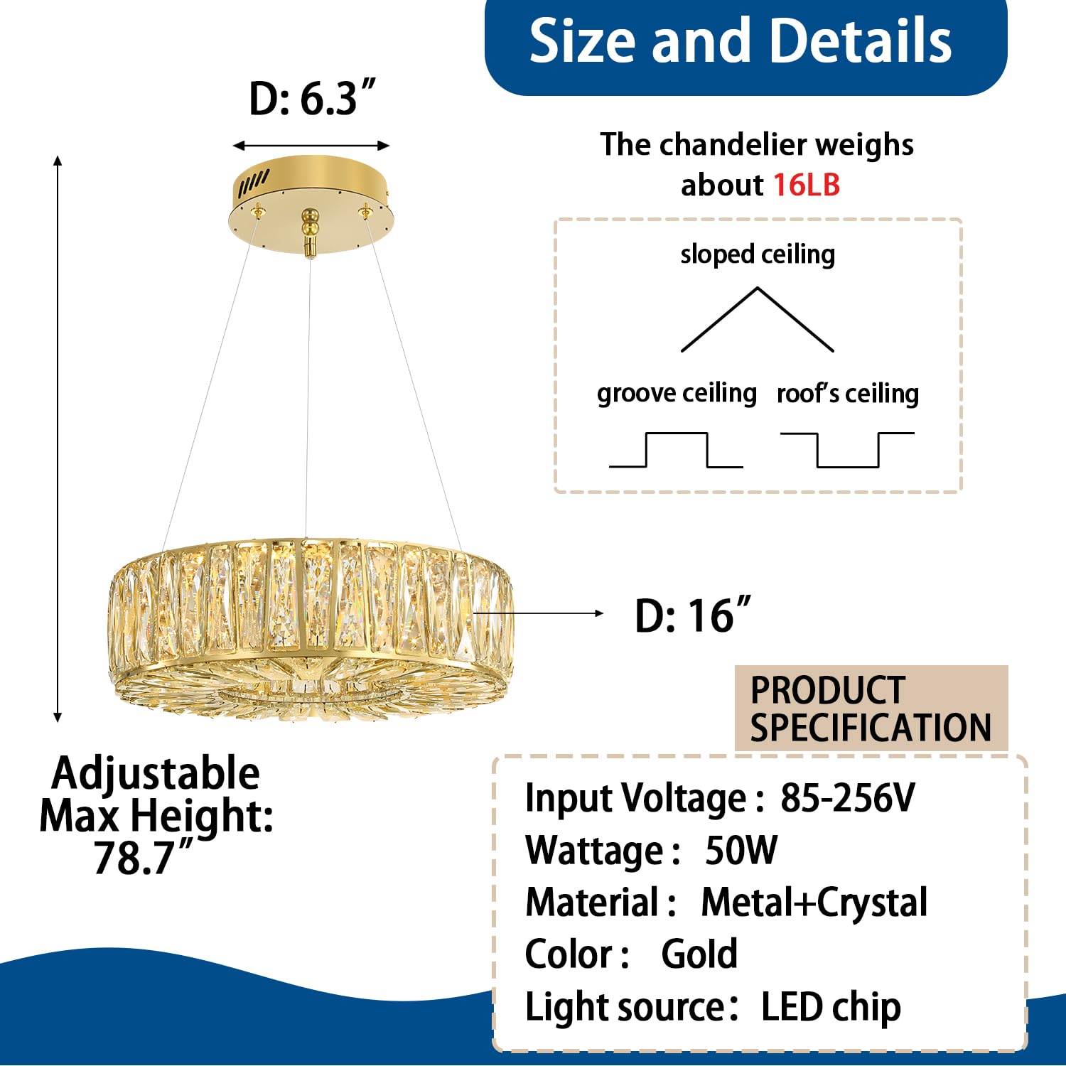 WOSOHYUN 16in Gold Ring Crystal Chandeliers for Dining Room Modern LED Dimmable Ring Pendant Light Chandelier for Living Room Bedroom