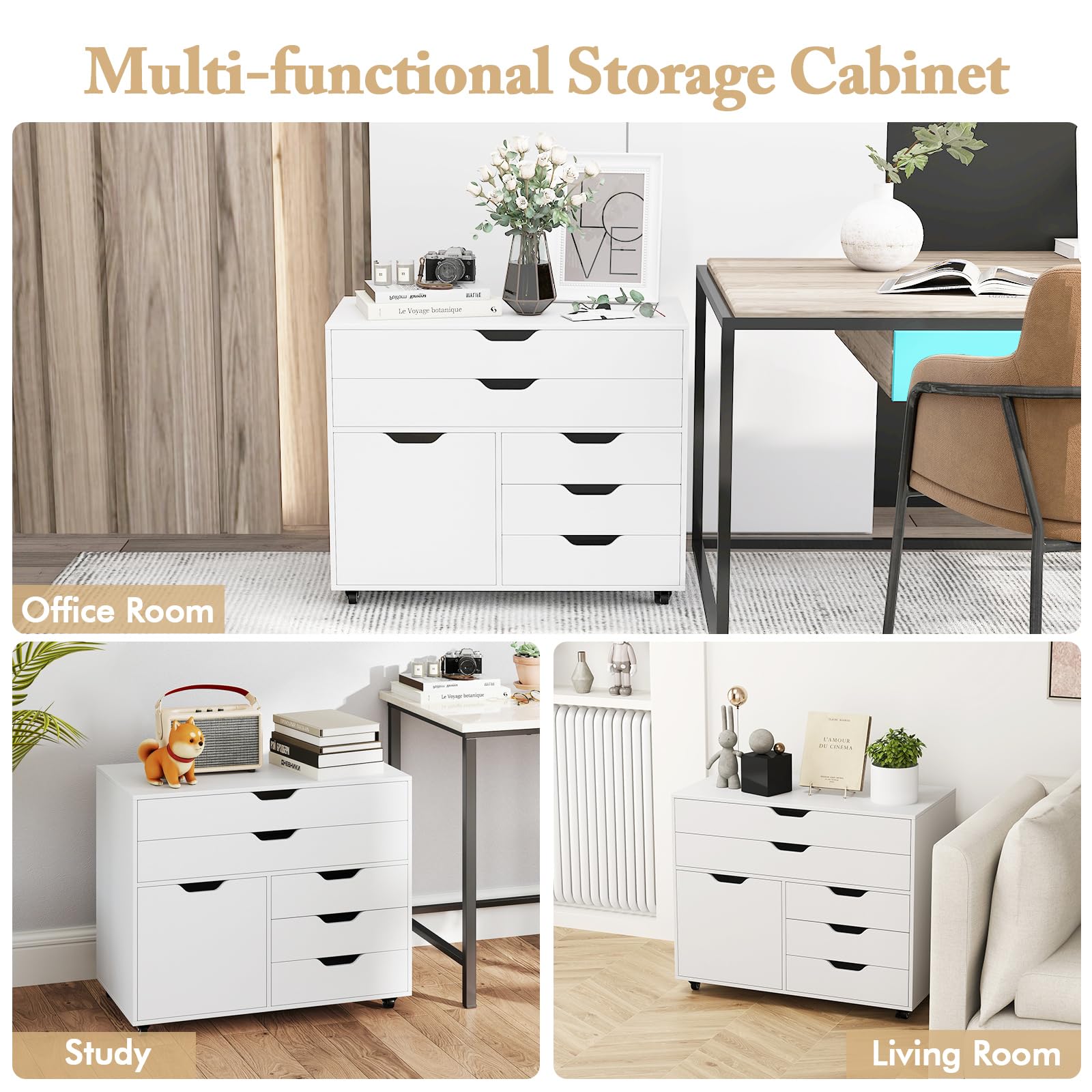5-Drawer Mobile File Cabinet with Door & Wheels