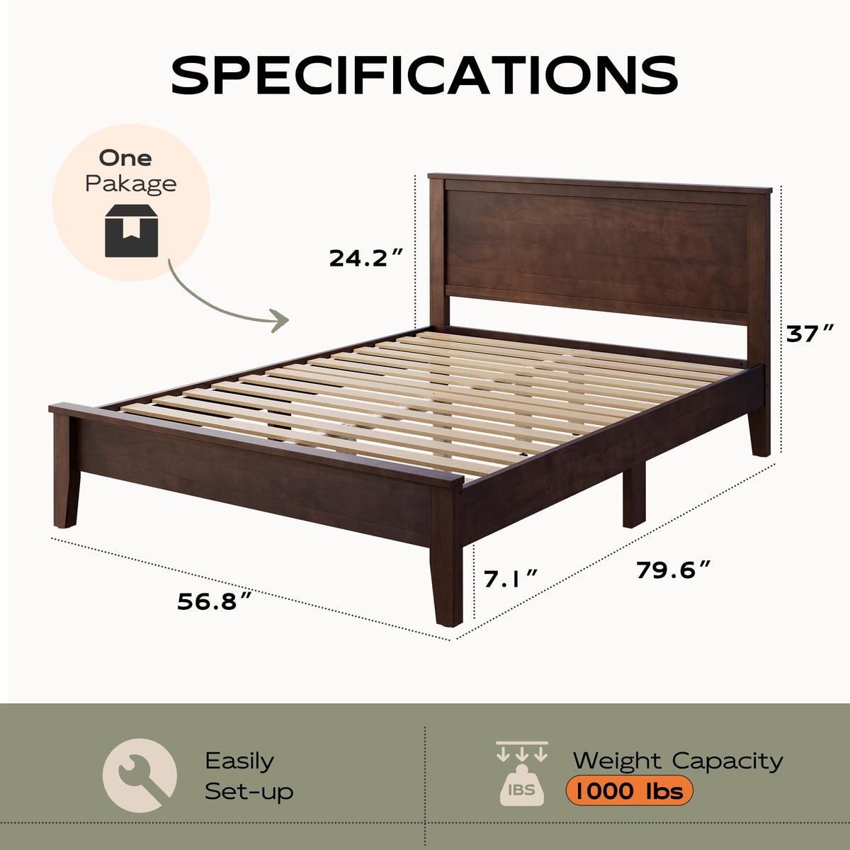 WLIVE Full Size Bed Frame with Tall Headboard, Pine Solid Wood Platfrom Bed