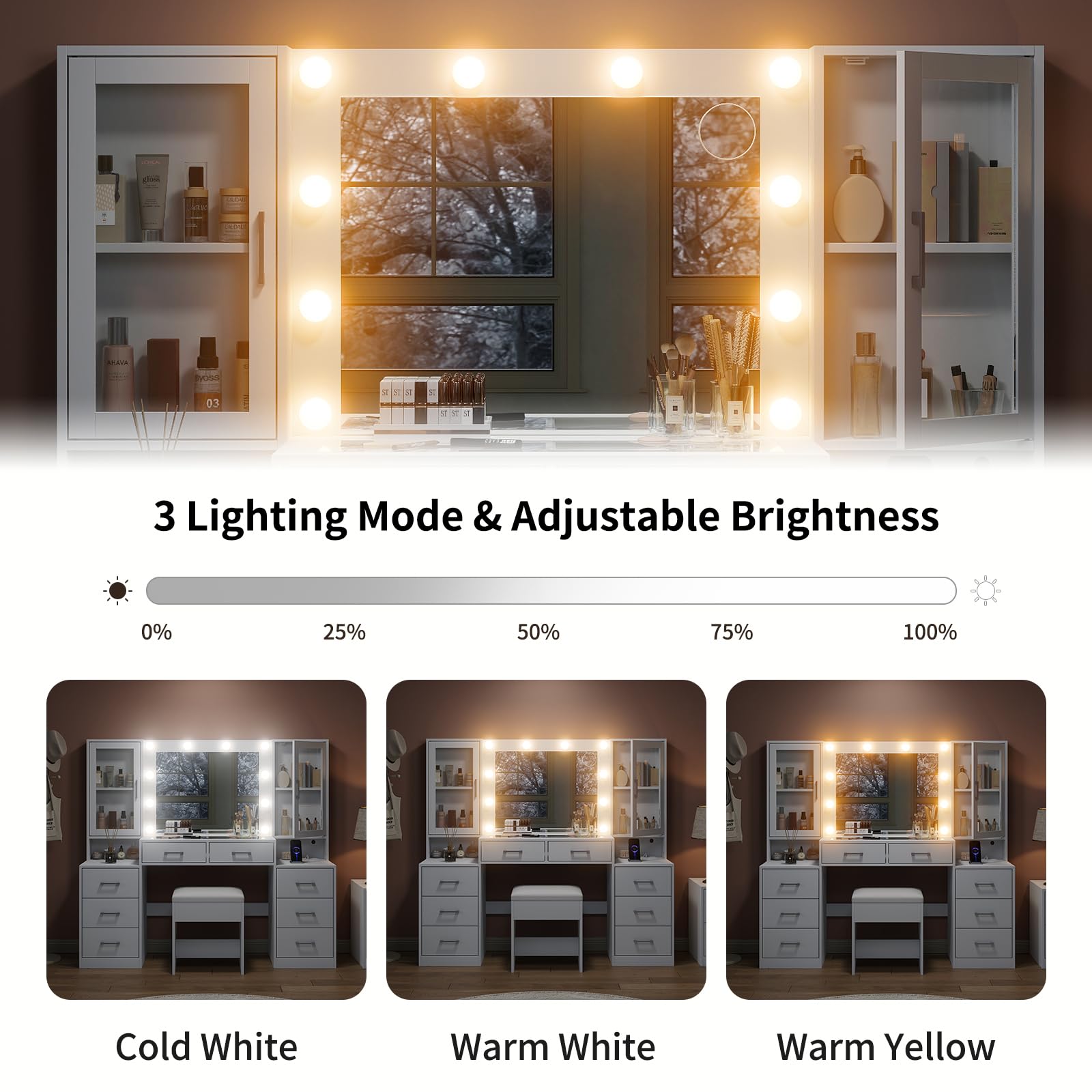 Yanosaku 59'' W Large Makeup Vanity Desk with Mirror and Lights, White Vanity with Power Outlet, 8 Drawers & 2 Cabinets, 3 Lighting Modes Brightness Adjustable, Glass Top Vanity with Chair for Bedroom
