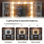 Yanosaku 59'' W Large Makeup Vanity Desk with Mirror and Lights, White Vanity with Power Outlet, 8 Drawers & 2 Cabinets, 3 Lighting Modes Brightness Adjustable, Glass Top Vanity with Chair for Bedroom