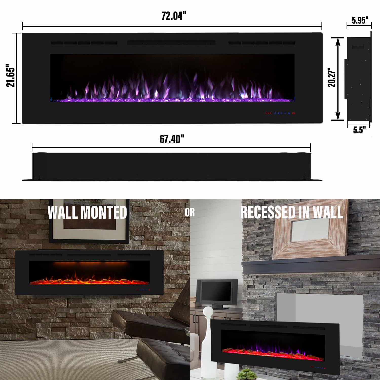 Masarflame 72 Inch WiFi Smart Electric Fireplace, Recessed and Wall Mount Fireplace Heater with 13 Flame &3 Top Light, Remote Control Fireplace with Timer &Thermostat, Black, Ventless, Work with Alex