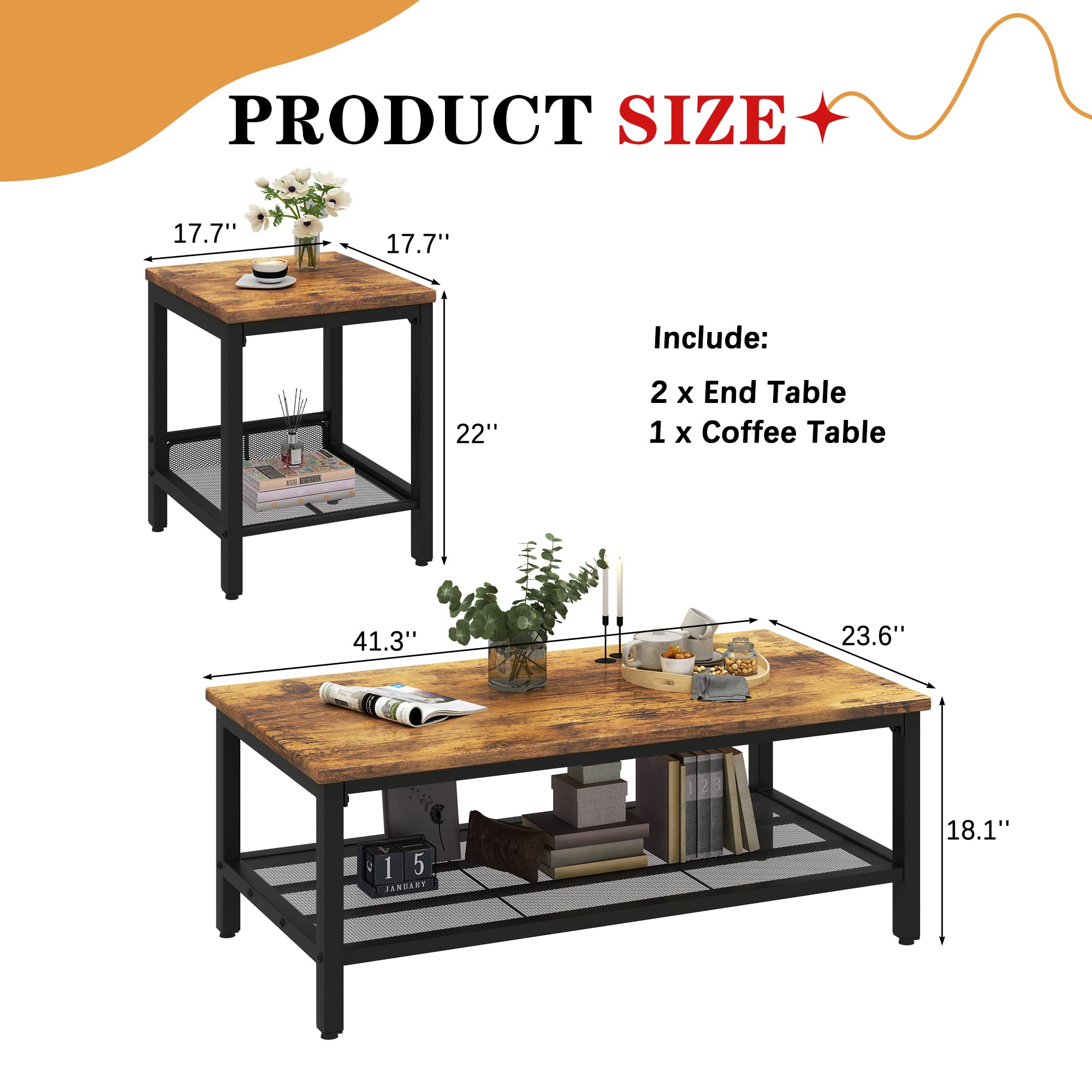 3-Piece Coffee & End Table Set with Metal Frame