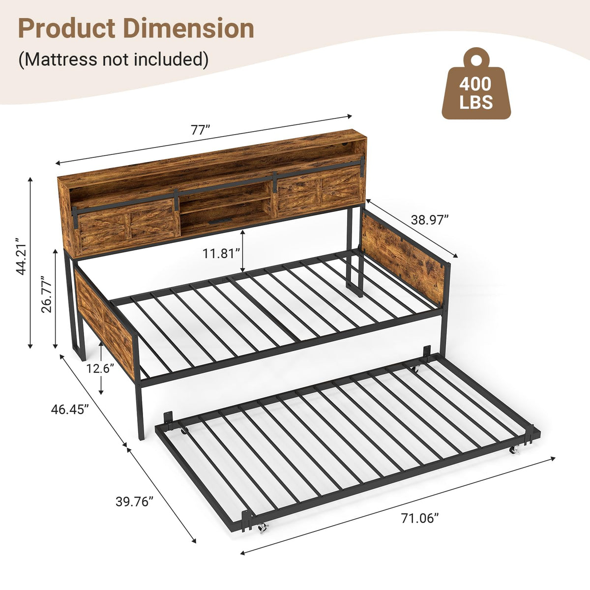 Zevemomo Twin Daybed with Trundle Bed, Rustic Farmhouse Daybed Frame