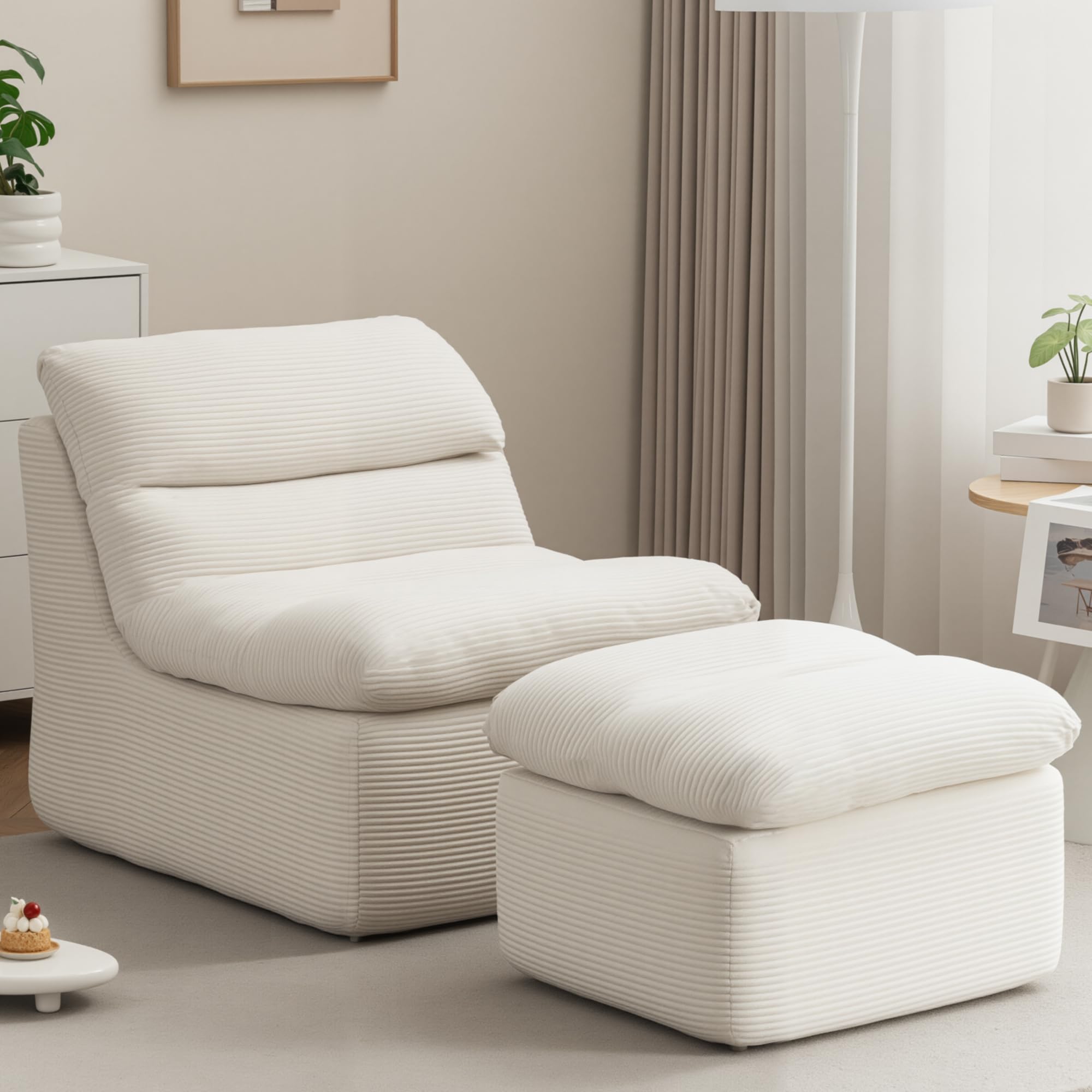 DRKAT 38" Bean Bag Chair with Ottoman, Big Corduroy Chaise Lounge Chairs for Adults, Tufted Upholstered Lazy Sofa for Living Room, Bedroom, Balcony, Beige