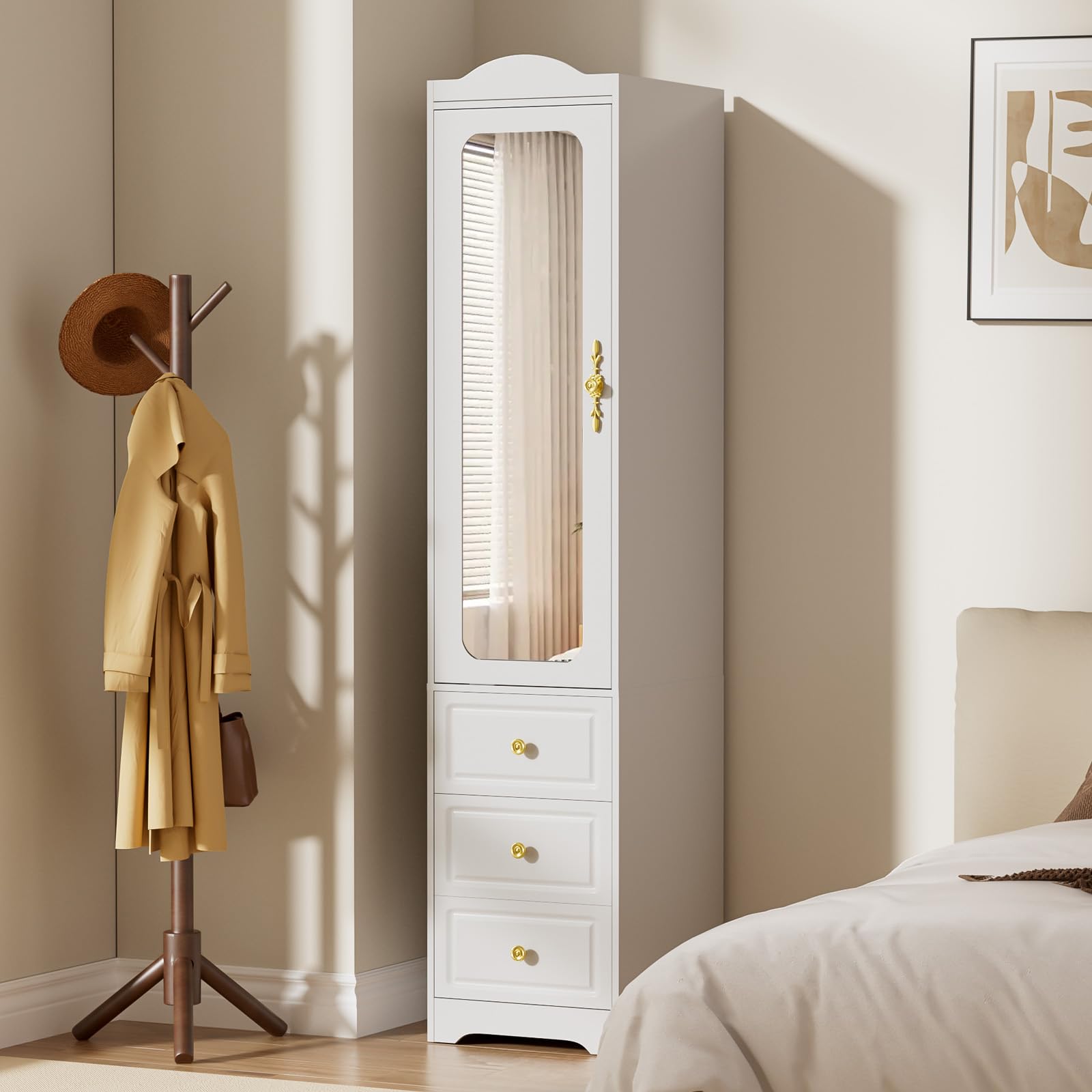 JanflyHome Armoire Wardrobe Closet, Updated White Bedroom Armoires Cabinet with Mirror Door and 3 Drawers, 15.7" W/69.5" H Clothing Storage Cabinet with Hanging Rod & Sensor Light for Bedroom-Left
